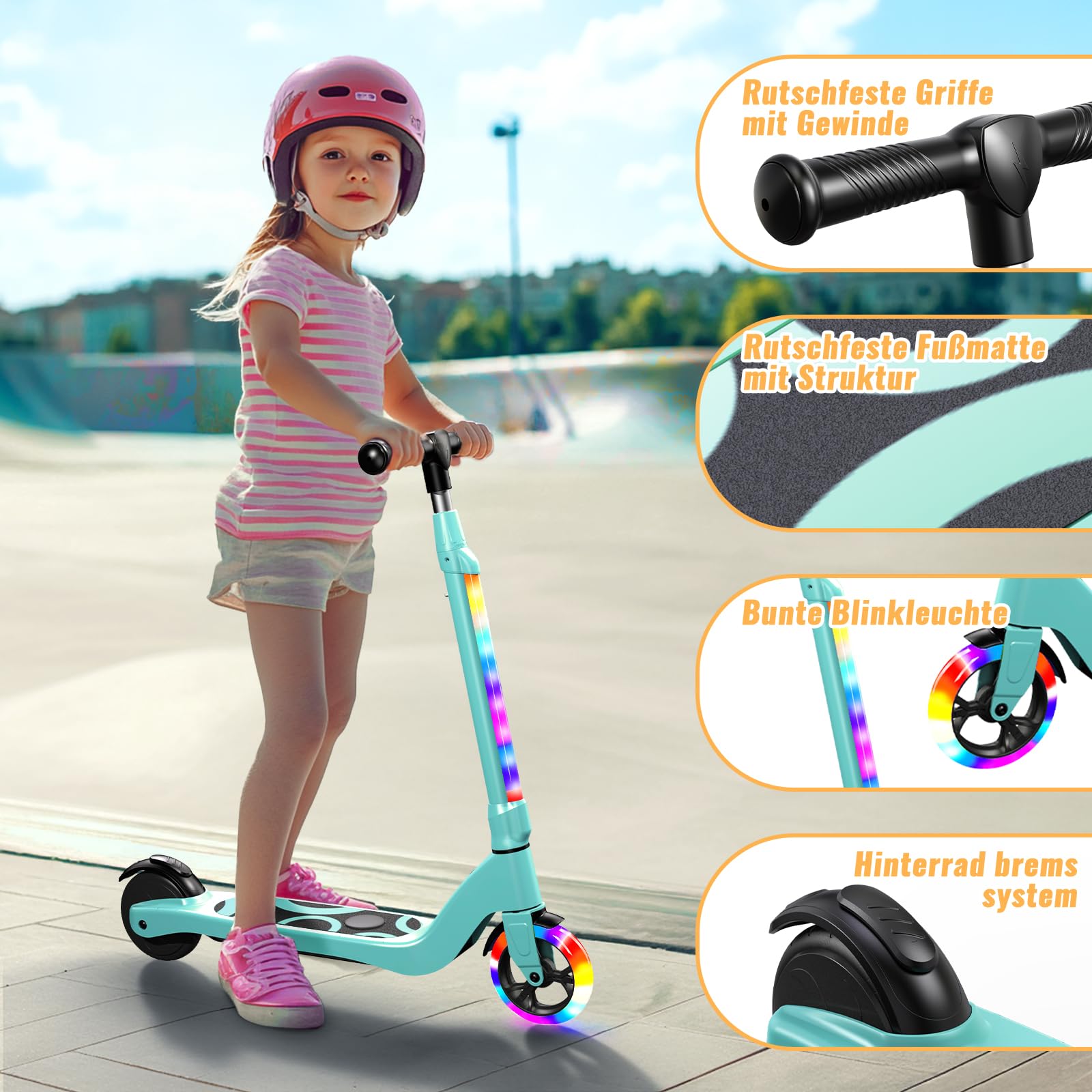 Patinete eléctrico para niños de 6 a 10 años, 5,3 Pulgadas, con Luces LED Intermitentes y 3 Alturas Ajustables, Motor 45 W, máximo 10 km/h, Carga máxima 70 kg