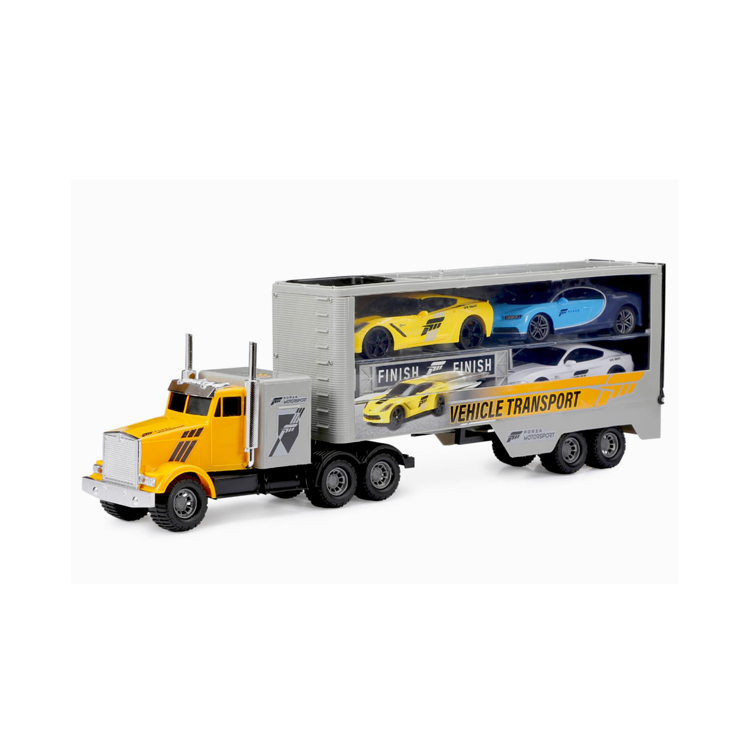 New Bright Forza Hauler Truck 22.5" with 3 Pullback Sports Cars, Working Lights & Sounds, Detachable Trailer, Road Signs, Durable Plastic, Free-Wheeling Action, Ages 3+, 30-Day Warranty