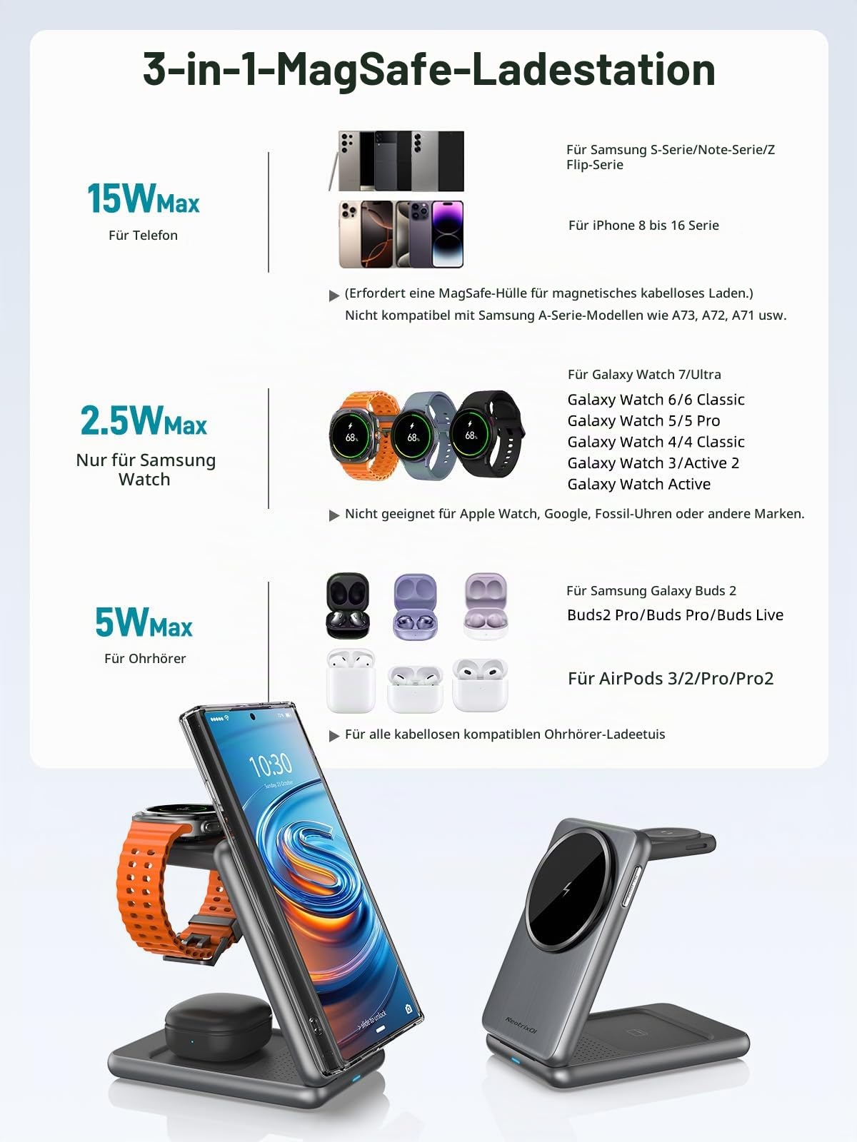 Magnetisch Ladestation für Samsung Galaxy S26/S25 Ultra, Magnetische Ladegerät Faltbares EIN-klick-Auswurf Samsung Watch Ladegerät für Galaxy Watch Ultra 8/7/6, 3 in 1 Reise Wireless Charger (Silber)
