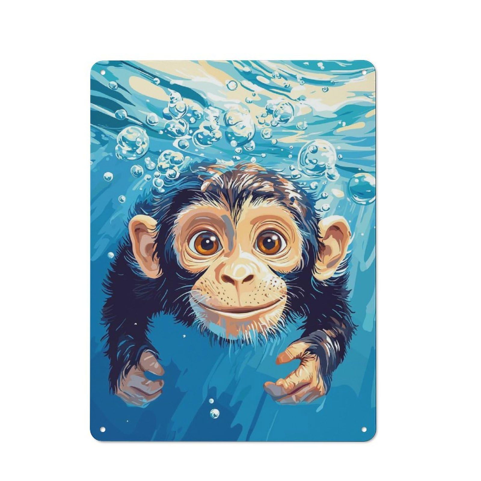 Junmoney Style-22 Tin Wall Plaque 40X30cm With Monkey Swimming Underwater With Bubbles For Garage Wall, With Clear Vintage Wall Decor Character