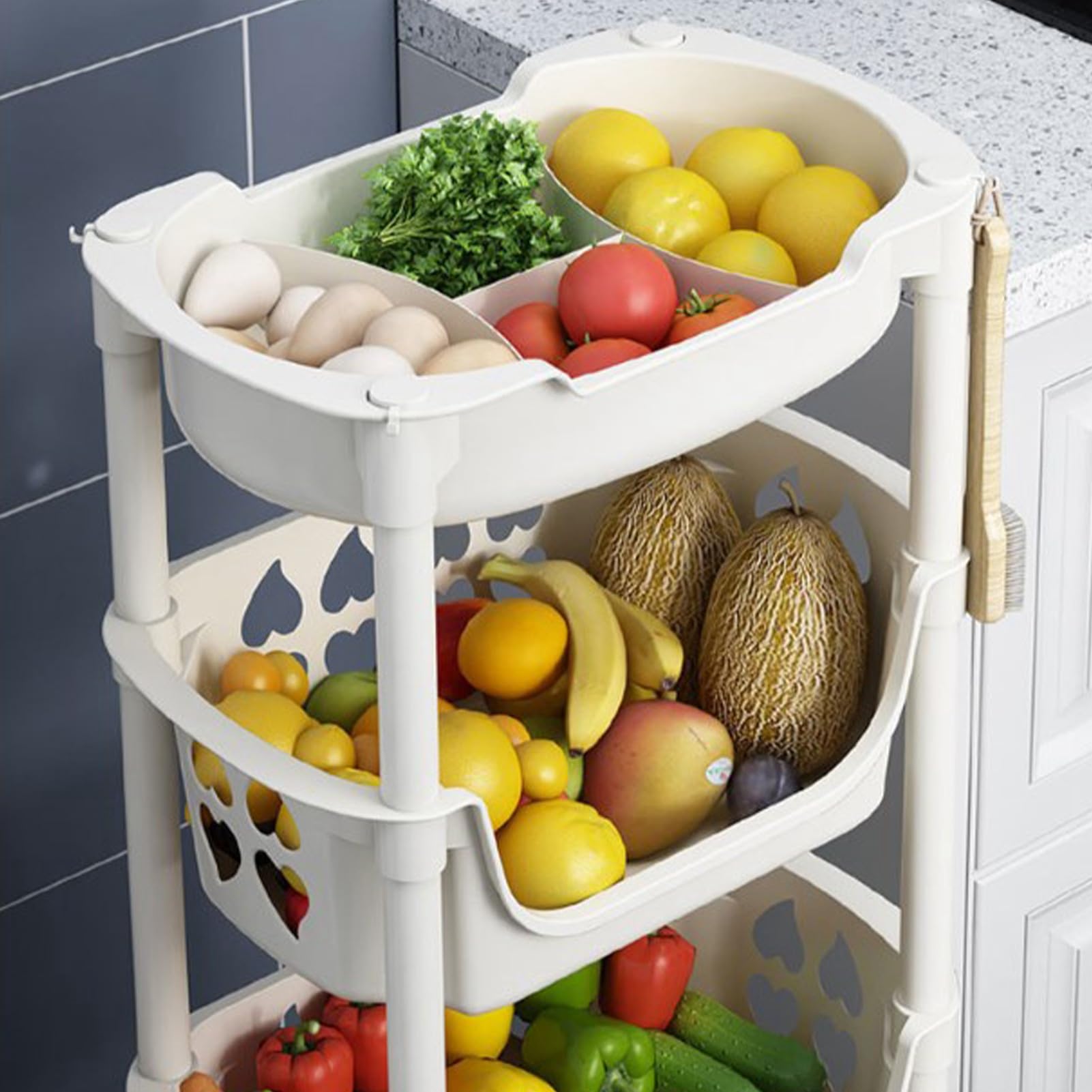 Estante de almacenamiento de cocina con ruedas, cesta de frutas y verduras, estante de almacenamiento de alimentos de varios niveles para cocina, despensa, baño, sala de estar (beige)