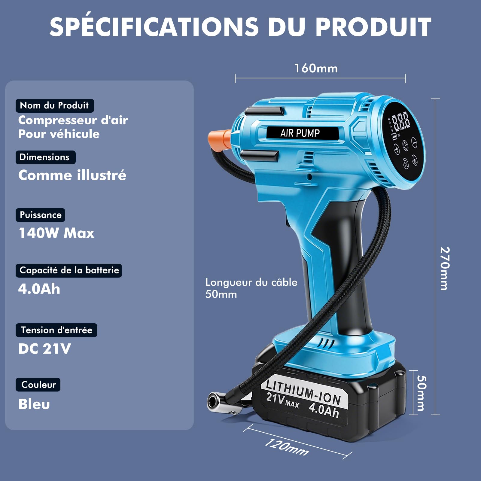 Compresseur à Air Portatif 150 PSI, Gonfleur Pneus Voiture sans Fil avec Manomètre et lampe LED, Pompe à Air Électrique Numérique à batterie 21V, Pompe à Célo, pour Voiture Moto Vélo Ballon