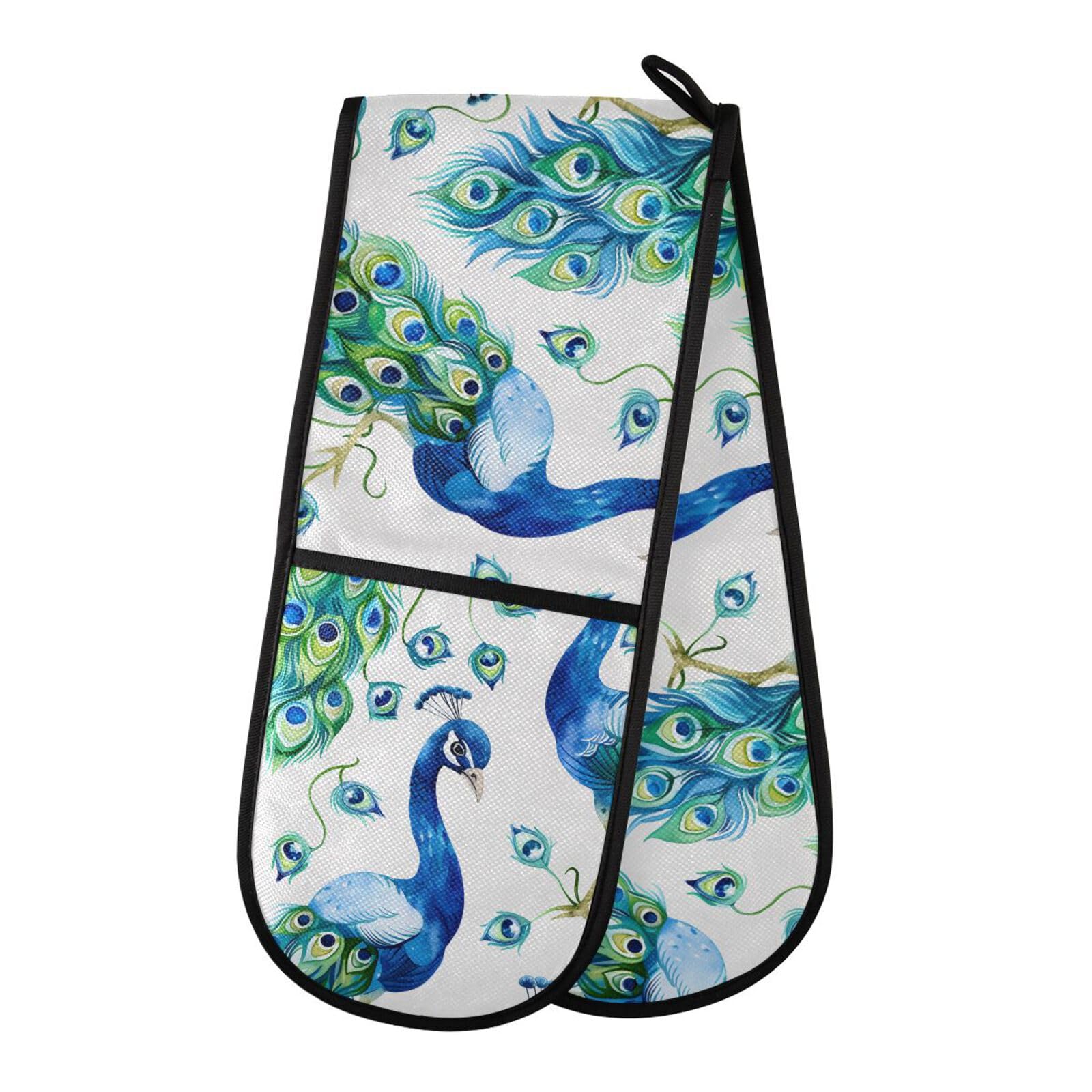Gants de four double matelassés au design paon aquarelle de haute qualité