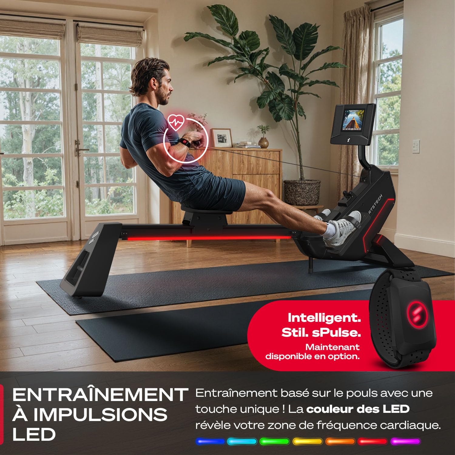 Rameur Premium Sportstech pour la Maison avec écran Tactile, avec 1 an d'App STL Incluse, Marque Allemande, appli avec Cours & entraînements, rameur Pliable avec Technologie LED, sRow