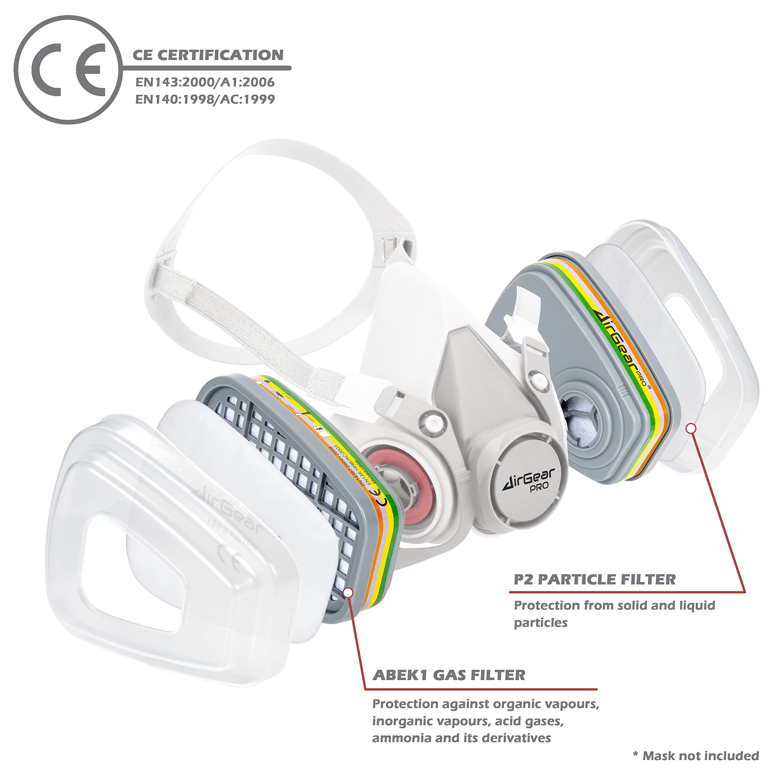 AirGearPro F-500 ABEK1-P2 Filtres pour Masque de Protection Respiratoire Réutilisable G-500/M-500/G-750, Anti poussière, Anti gaz pour travaux chimiques, industriels, peinture, bricolage, ponçage