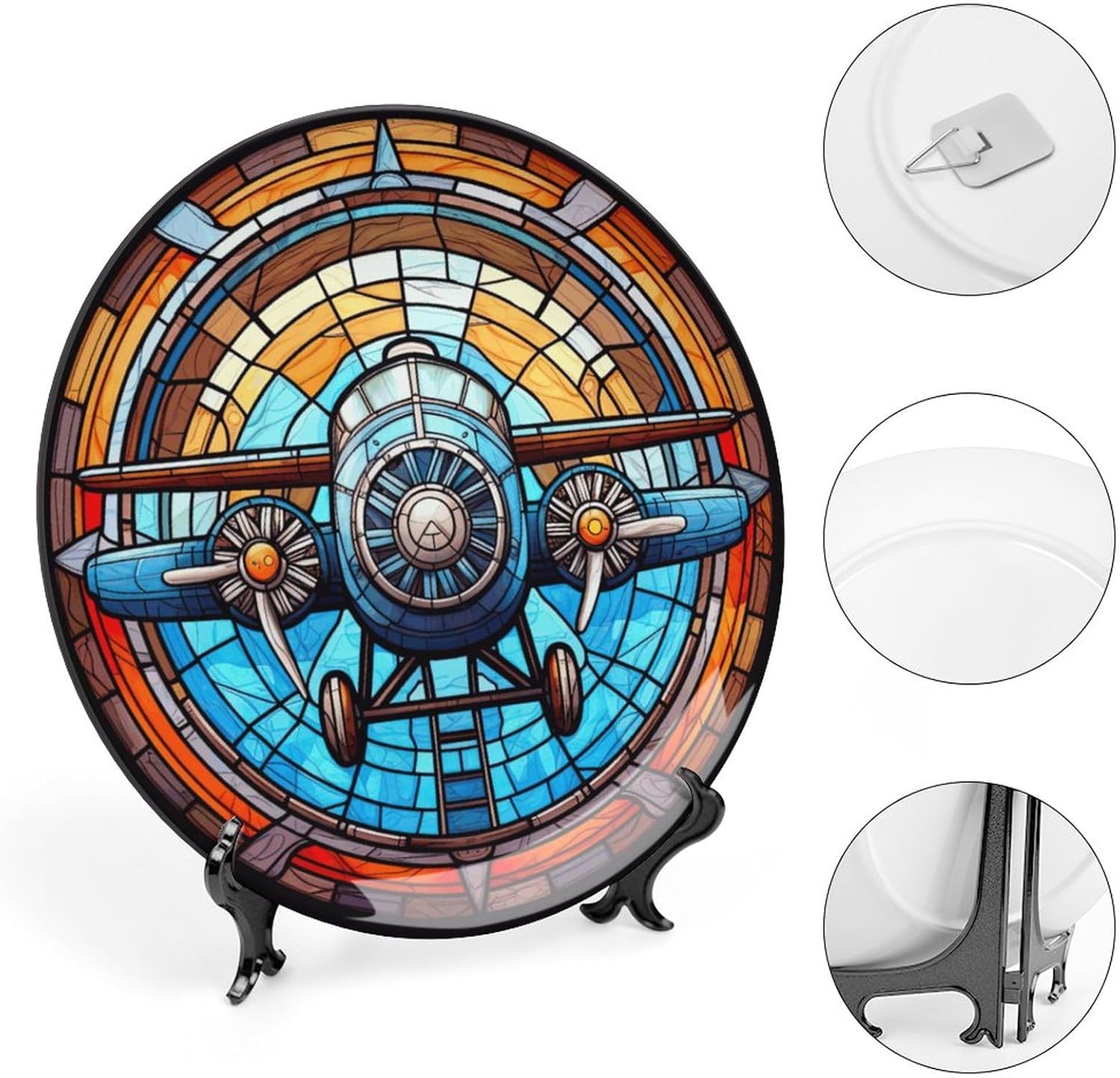 Decorative Plates for Home Decor, Stained Glass Design Watercolor Airplane Decor Tray for Table Display, Ceramic Dinner Plate W/ Stand, Living Dining Room Decor, Gifts for Airplane Lover, 8 Inch