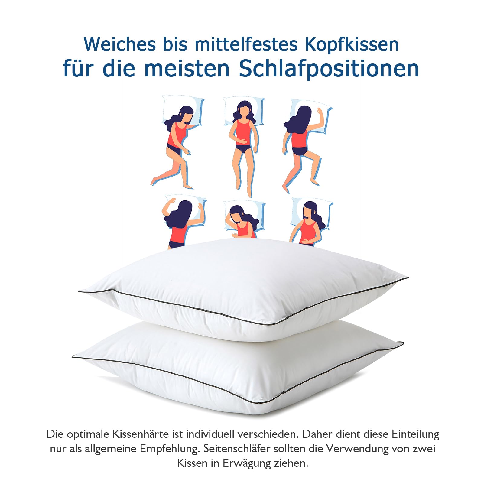 Dafinner 1er 3-Kammer-Daunenkissen 80×80 cm┃ 90% Daunen Außenkammer | Feder-Mischung Innenkammer ┃Oeko-TEX ┃Downpass ┃ Mittlere Unterstützung│Bio-Baumwoll