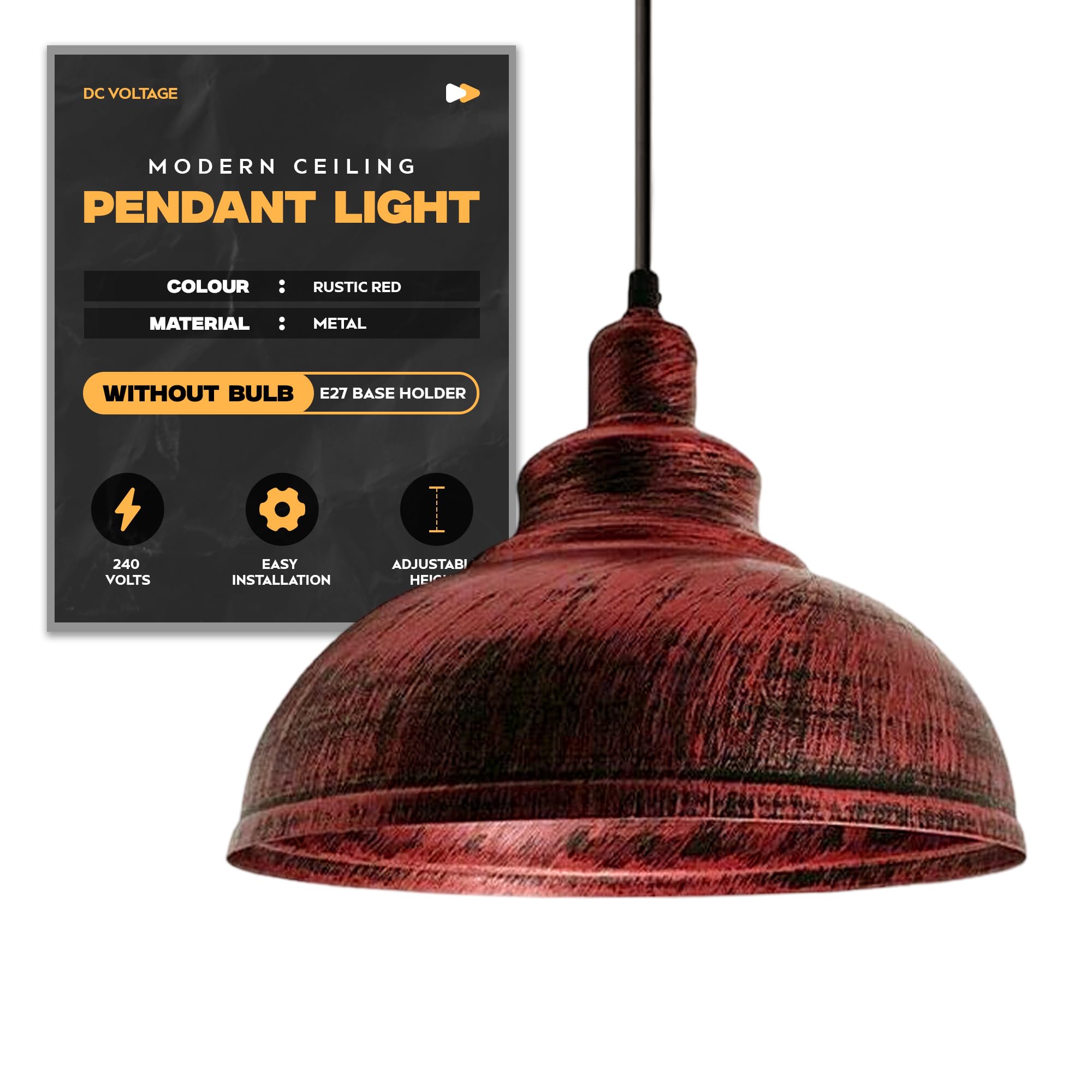 Dc Voltage Rustic Red Hanging Light Fixture With E27 Lamp Holder
