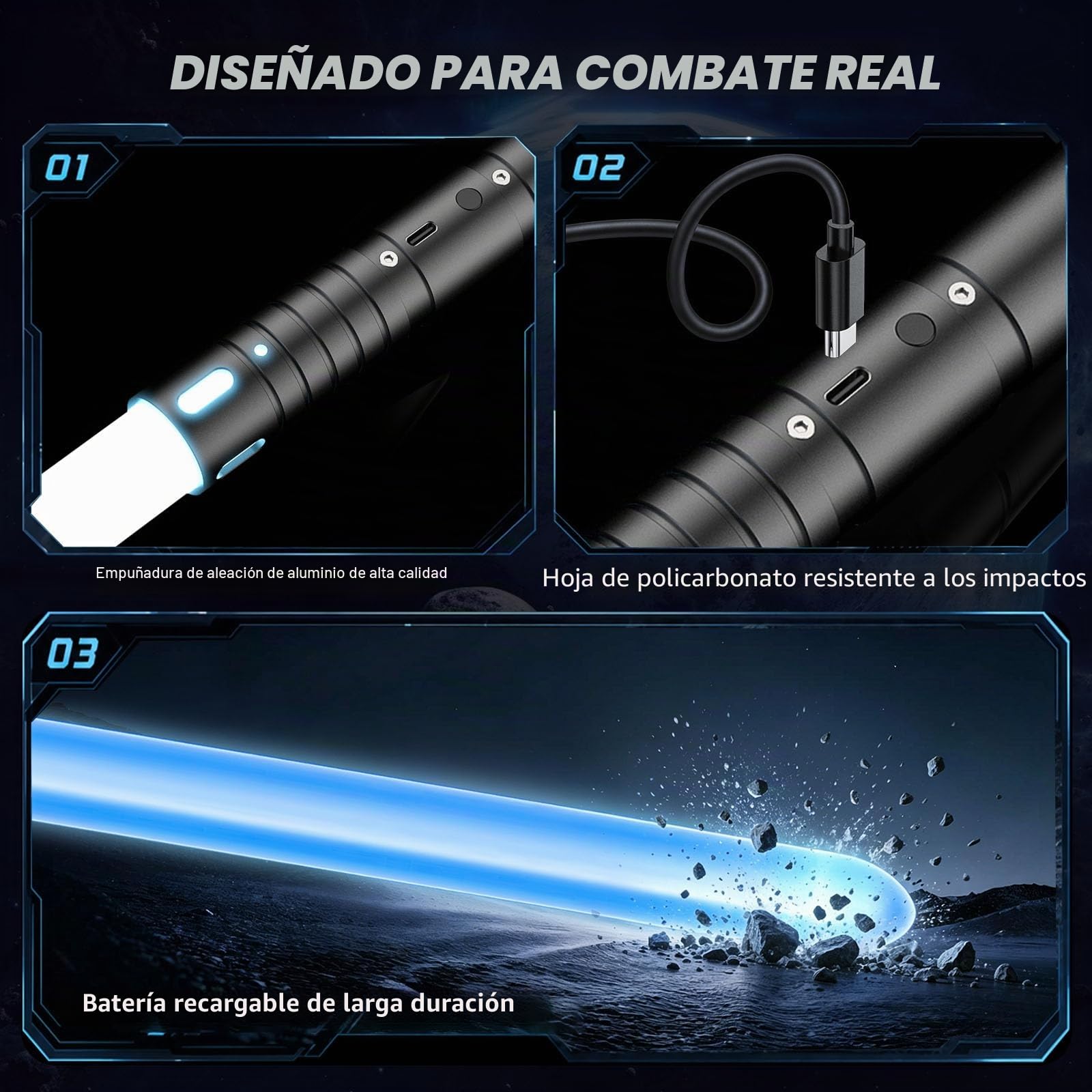 Espada Láser, Sable de Luz de 2 en 1 15 Colores, 4 Modos y Efectos de Sonido FX, Sable de Luz de Carga USB-C,Espada láser para niños Halloween Cosplay (Negro 2PC)