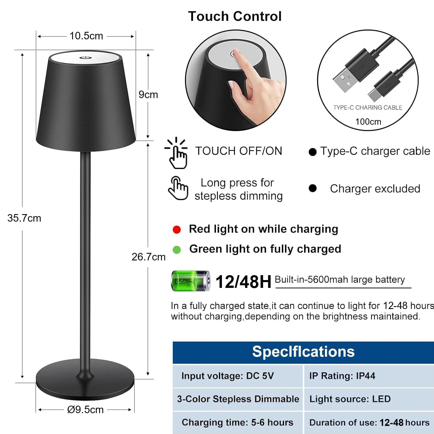 Lámpara de Mesa de Batería LED Regulable, Toque Lámpara de Escritorio Inalámbrica con USB-C, Lámpara de Mesa de Batería Recargable LED Metálico para Exteriores e Interiores, IP44, 5600mah, 5W, Negro