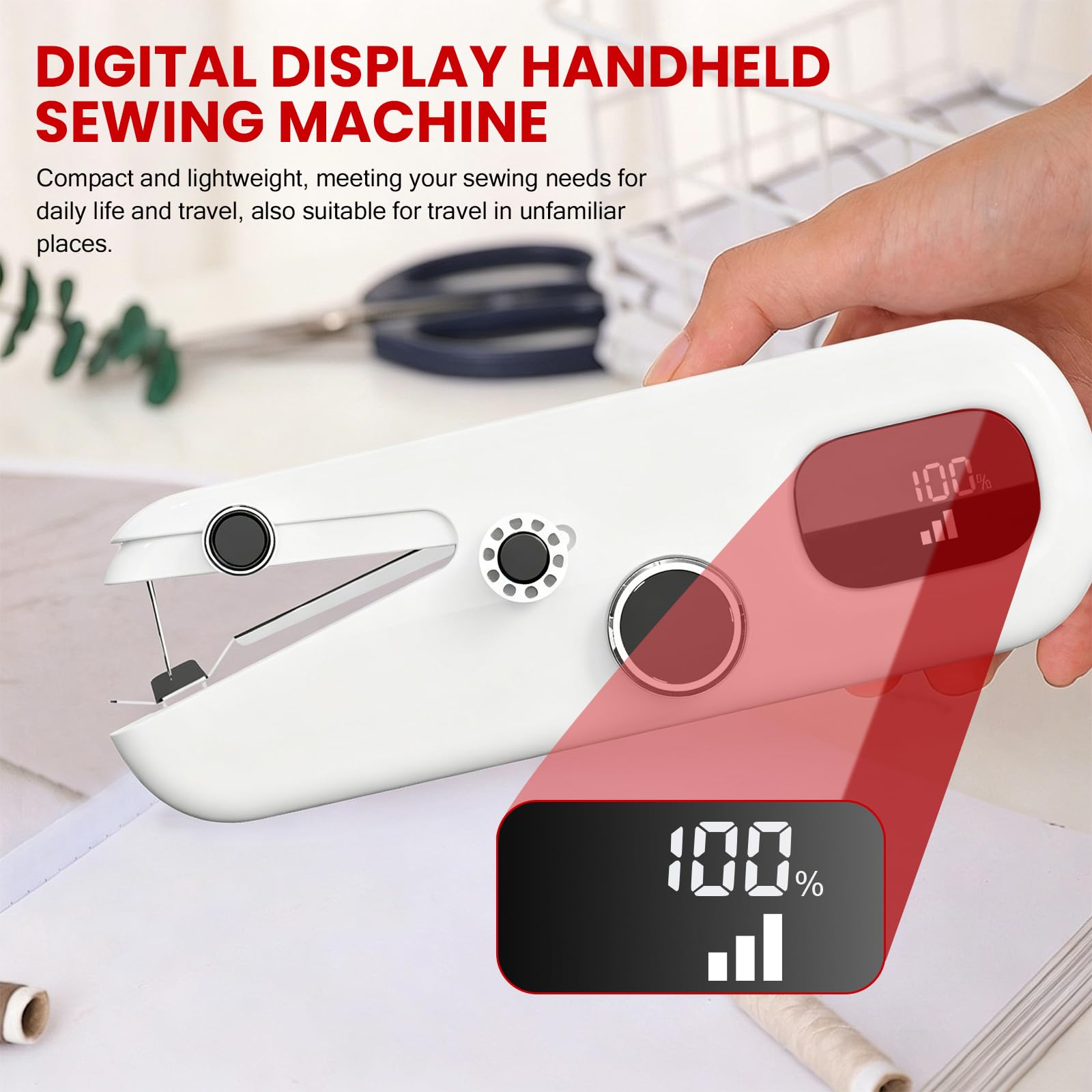 Mini macchina da cucire con display digitale per principianti, macchina da cucire a mano, pinzatrice portatile a batteria a doppia velocità, ricaricabile tramite USB, per orlo, riparazione di tessuti