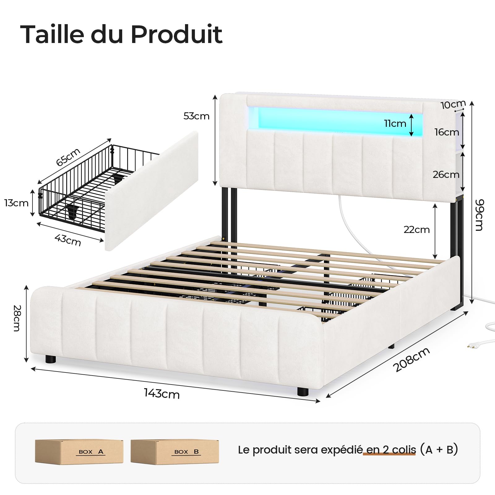 AOGLLATI Lit 140x190 à LED avec Multiprise et 4 Grands Tiroirs, Cadre de Lit avec Sommier à Latte et Tête de Lit Capitonnée Sommier avec Rangement, Moderne sans Matelas (Velours Beige, 140x190cm)
