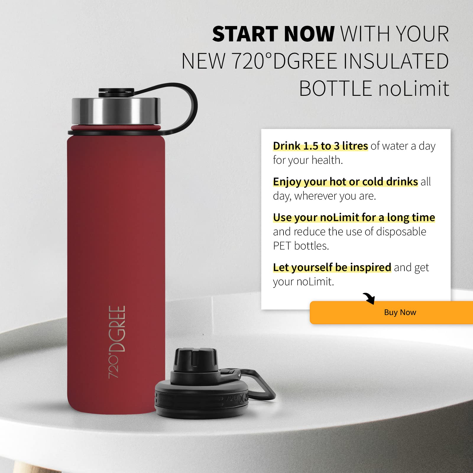720°DGREE Bouteille Isotherme "noLimit" – 710ml | Gourde en acier inoxydable d'eau, thé, café, jus, boisson chaud ou froid | Premium de Isolée sous vide + GRATIS Sport Couvercle