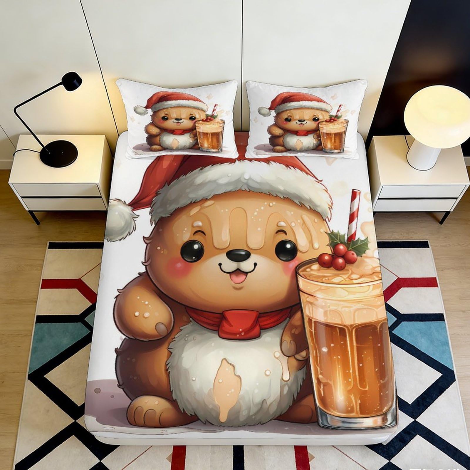 3D Printed Christmas Bear Fitted Sheet Microfiber Soft Brown Cartoon Drink Bed Cover for Bedroom Dorm Decorative 160x200x25cm
