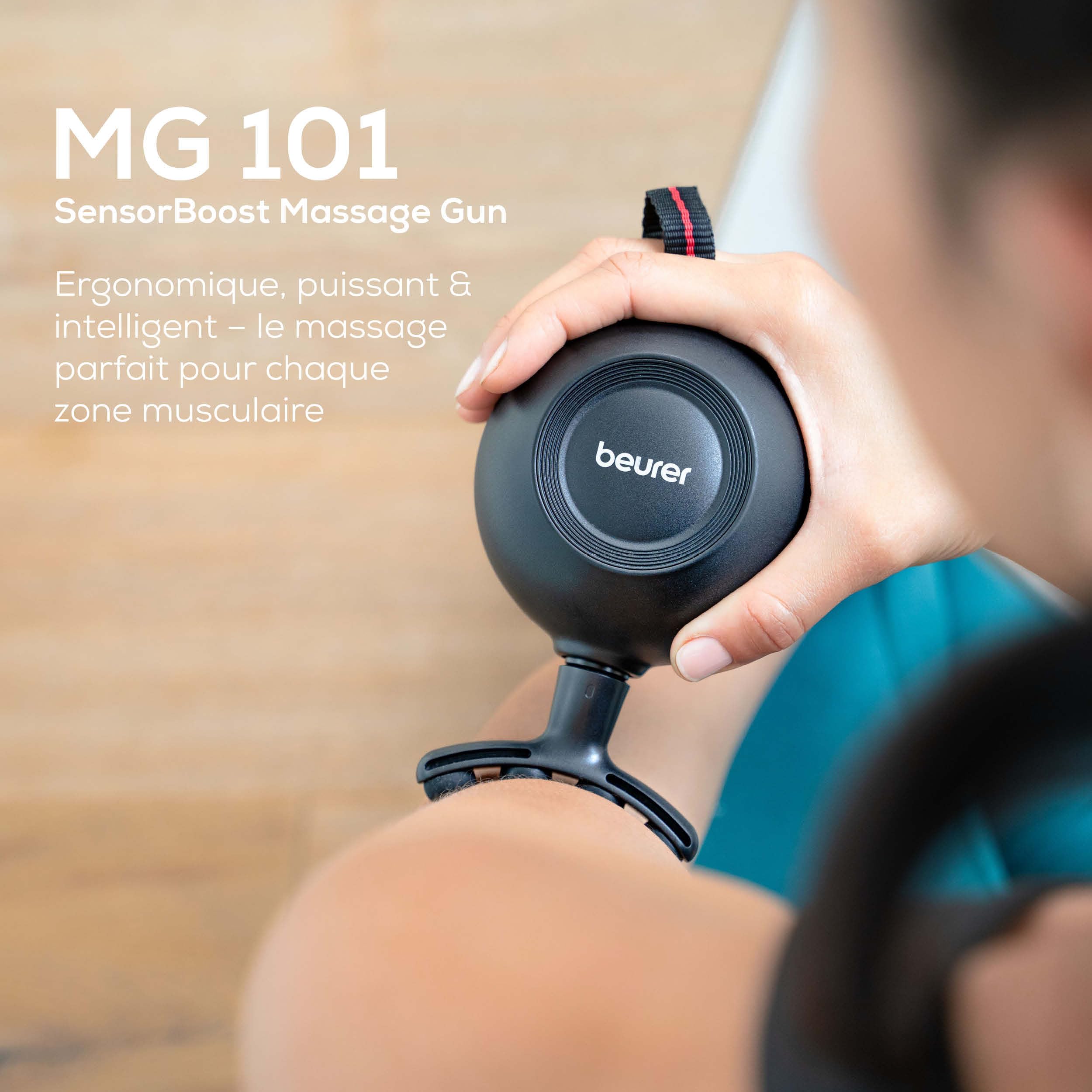 Beurer MG 101 SensorBoost Pistolet de massage, design ergonomique, massage silencieux et puissant des points de déclenchement pour la relaxation et la régénération, avec capteur de pression, 5 embouts