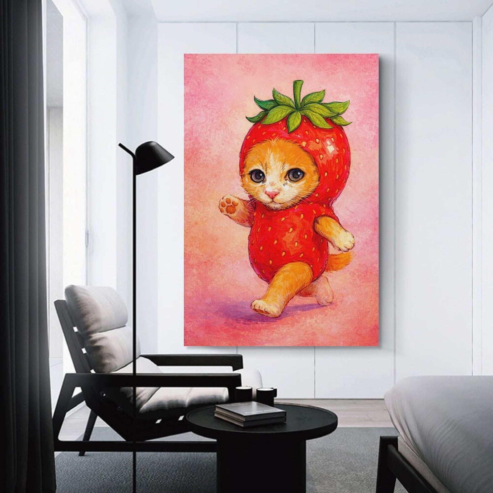 Junmoney Kitten in Strawberry Costume Decorative Wall Artwork 16x24inch(40x60cm), for Home Lounge, Bedroom Or Reading Nook, Easy Decor for Gallery Walls
