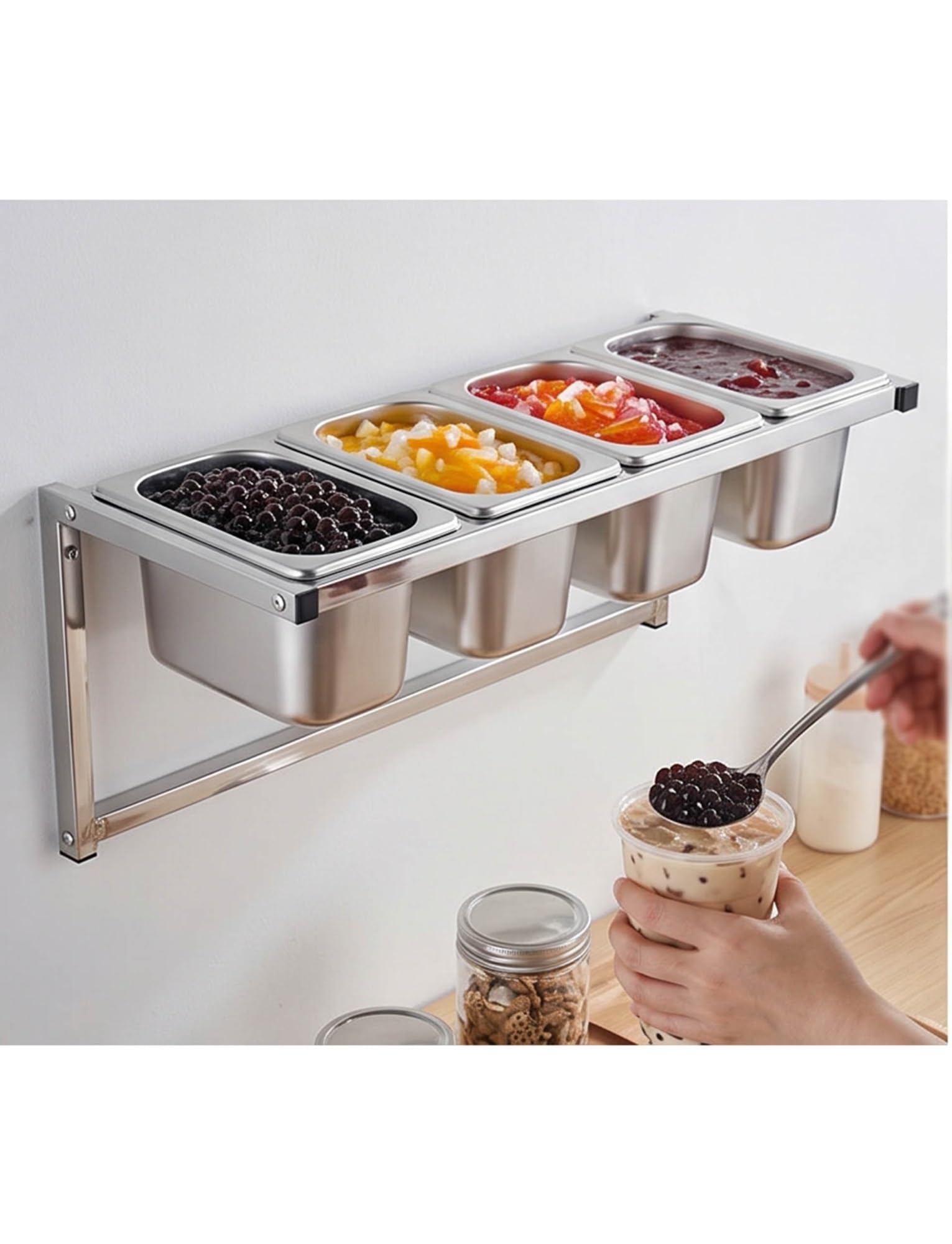 Stazione per pizza in acciaio inox, organizer per condimenti a 8 scomparti con coperchi e cucchiai, padelle angolate rimovibili per buffet o insalate, design facile da pulire