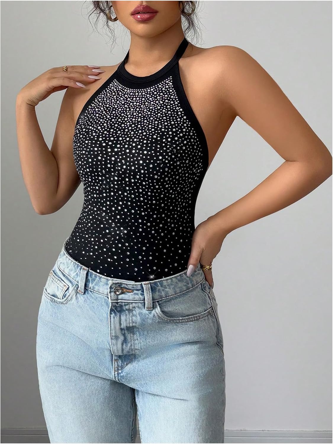OYOANGLE Women's Sparkle Rhinestone Bodysuits Sleeveless Backless Halter Leotard Night Out Bodysuit