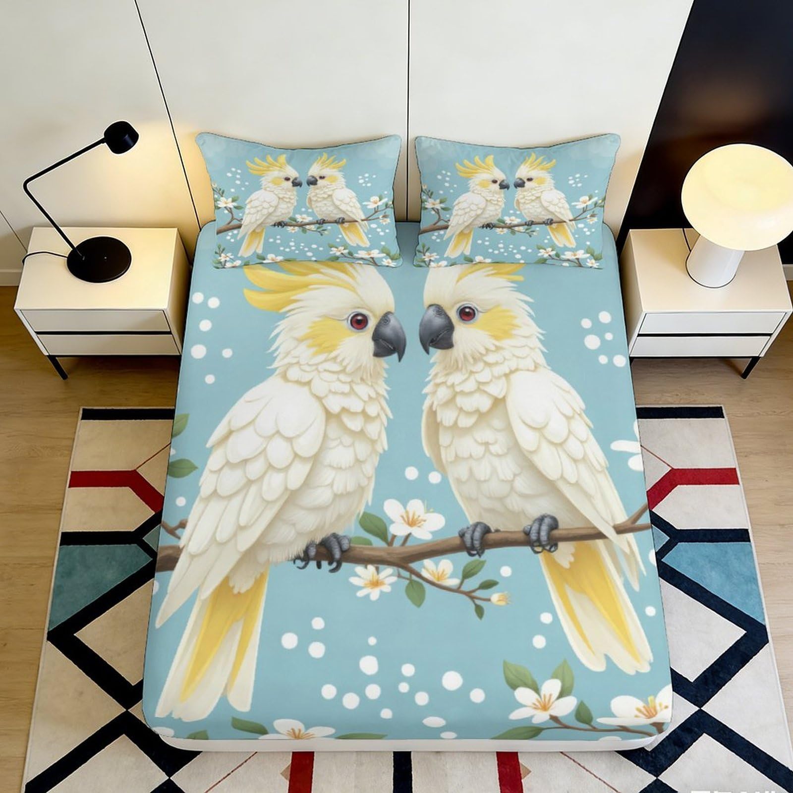 3D Printed Parrot Birds Fitted Sheet Microfiber Anti-Slip Floral Tree Branch Bed Cover Bedroom Décor 120x200cm 120x200x25cm
