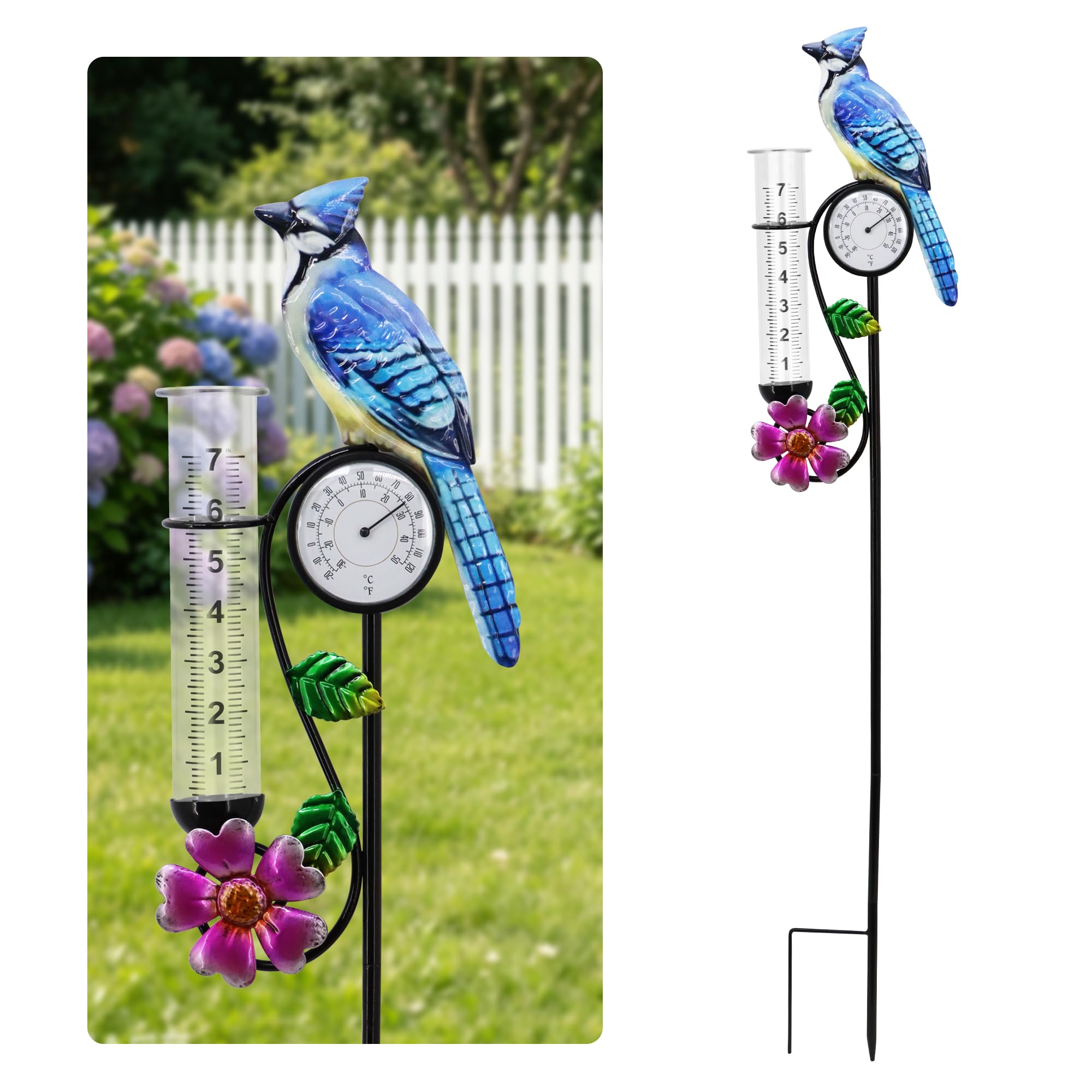 Rain Gauge 39in Metal Bluebird Garden Stake with Thermometer Decor