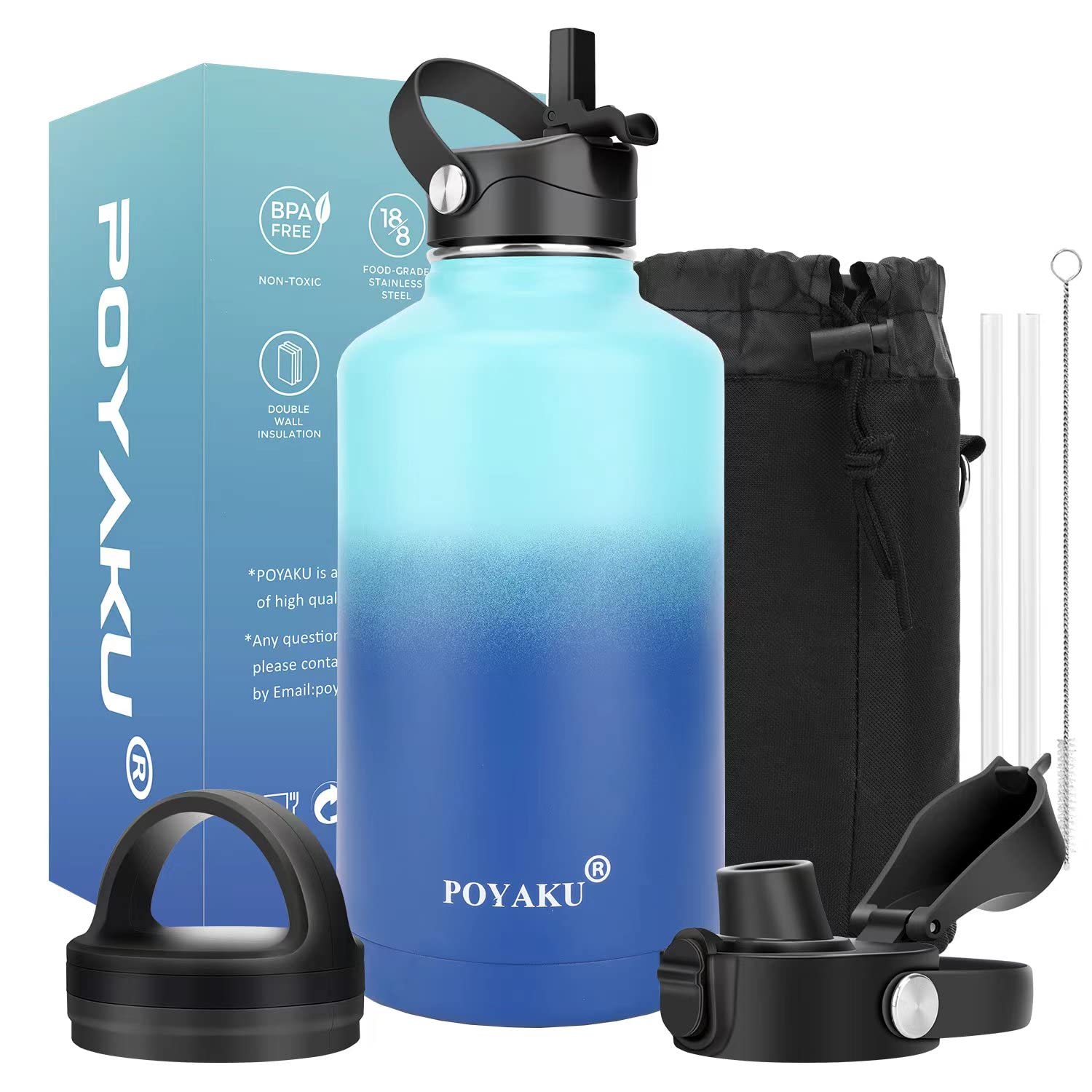 Water Bottle Insulated 32oz 40oz 64oz 128oz Straw Lid Spout Lid & 3 Lids, Leak Proof, Vacuum Insulated,Stainless Steel Water Bottle Wide Mouth for
