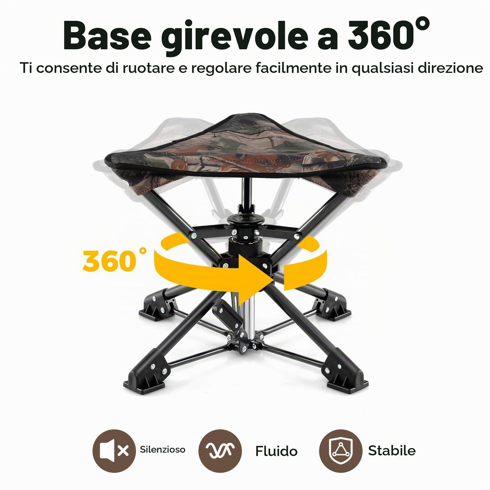 KOMFOTTEU Sgabello pieghevole da campeggio, sedia portatile da caccia con borsa da trasporto, sedile da pesca treppiede con base antiscivolo e carico 150 kg, per picnic, 43 x 39 x 37 cm (mimetico)
