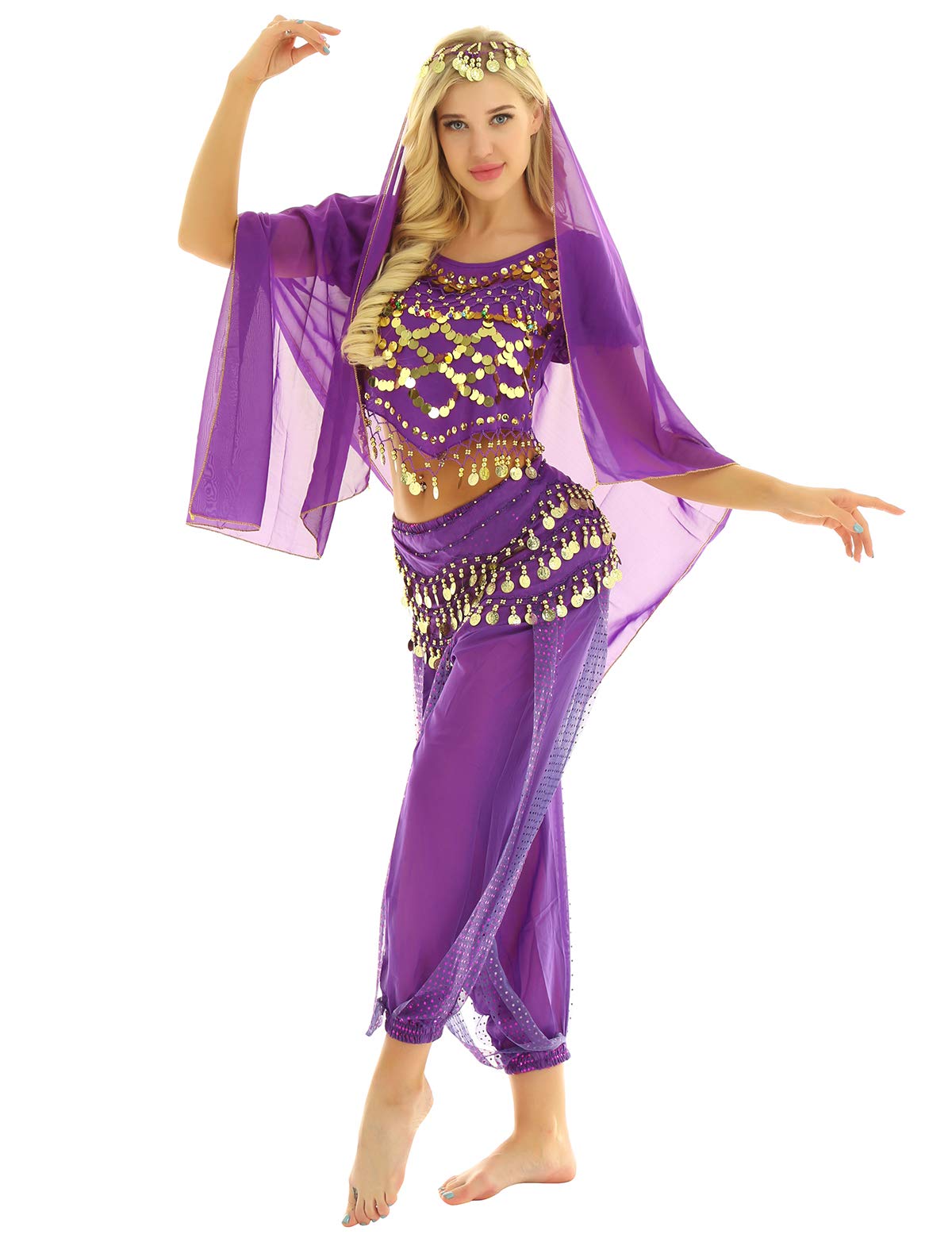 inhzoy Vestido Danza del Vientre para Mujer Disfraz de Princesa Árabe Traje de Baile India Lentejuelas Conjunto de Danza Oriental 4Pcs para Fiesta Actuación