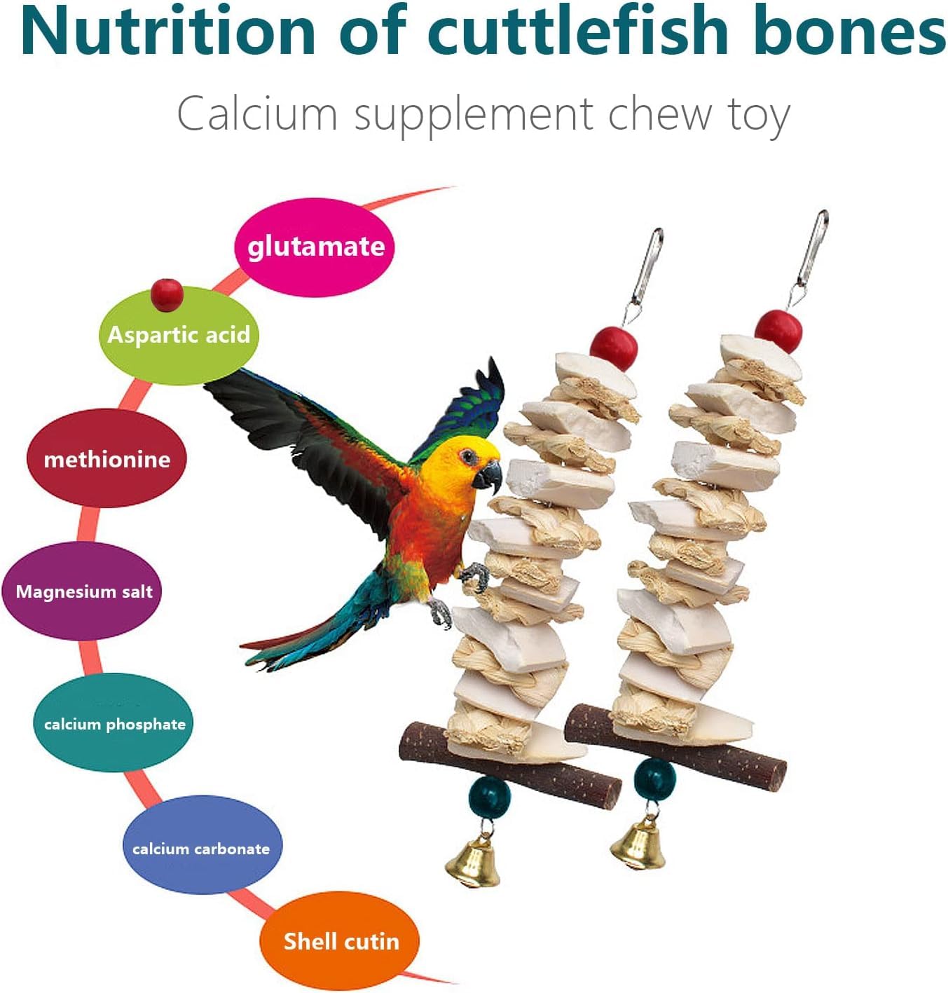 Newsmy 2 Pack Parrot Chewing Toys with Natural Cuttlefish Bone and Apple Stick, Hanging Bird Toys for Budgie Cockatiel and Parakeet, Calcium and Beak Care Toy — view 5