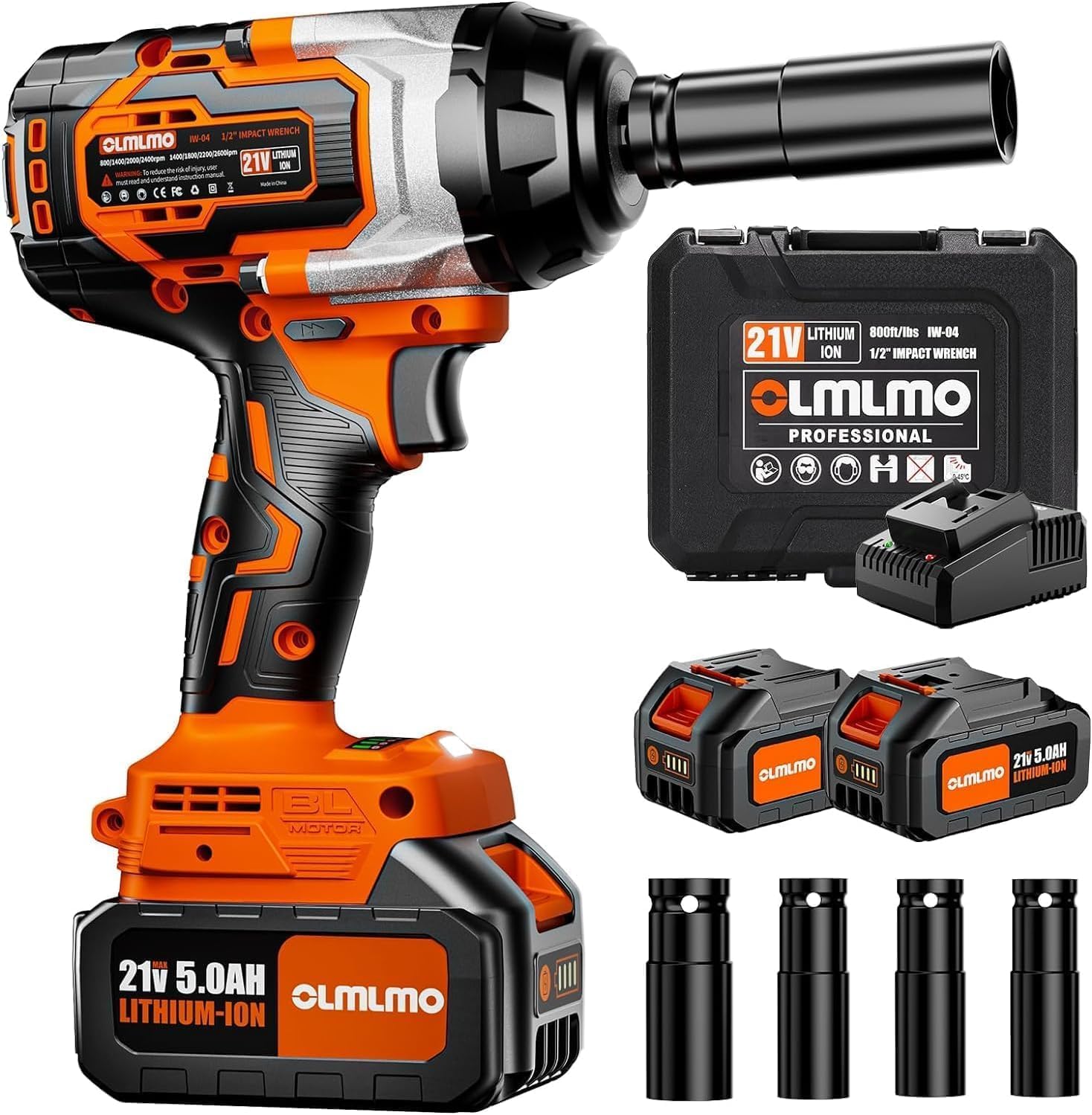 Cordless Impact Wrench 1/2 Inch,Brushless Max 800Ft-lbs High Torque Impact Wrench, 2 x 5000mAh Batteries,4 Variable Speed Trigger,Fast Charger, 4 Sockets,Tool Box