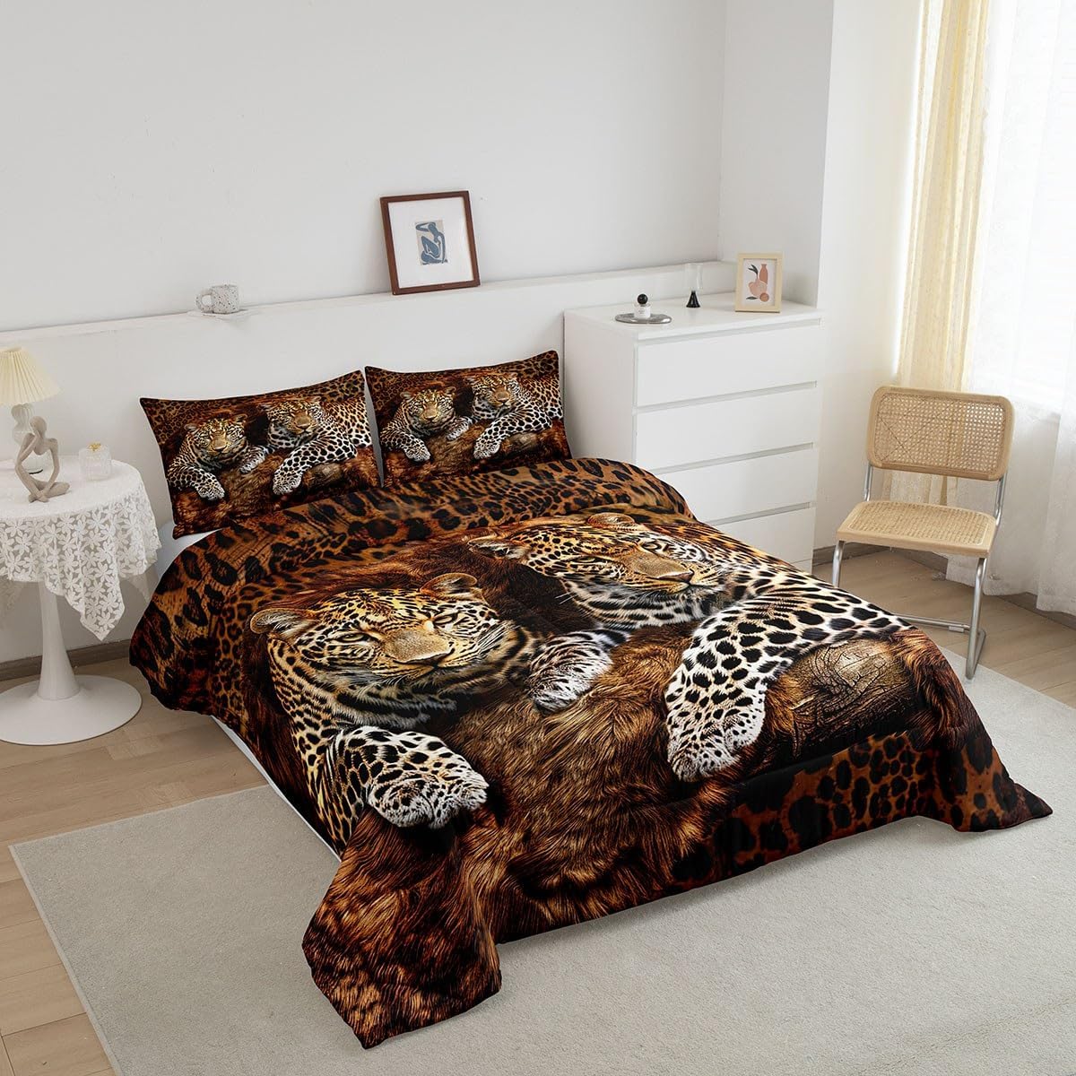 Erosebridal Leopard Print Comforter Set Full Size, African Safari Animal Duvet Insert Cheetah Bedding Set for Teens Boys Adults, Tribal Wildlife Quilt with 2 Pillow Cases Bedroom Decor