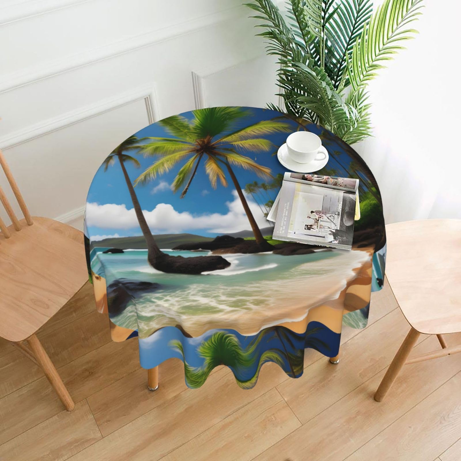Nbtghga Tropical Palm Tree Hawaii Beach Print Tablecloth Round Border Table Cloth Cover Decorative For Party Holiday Dinning Tabletop Home