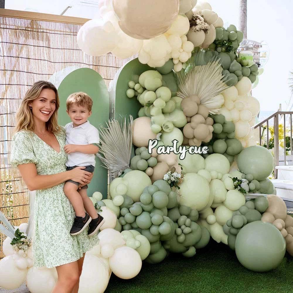 Dusty Green White Balloon Arch Kit Double Stuffed, Sage Mint Green Sand Ivory Boho Balloon Garland with Clear Bobo Latex for Neutral Baby Shower Bridal Wedding Birthday Woodland Party Decoration