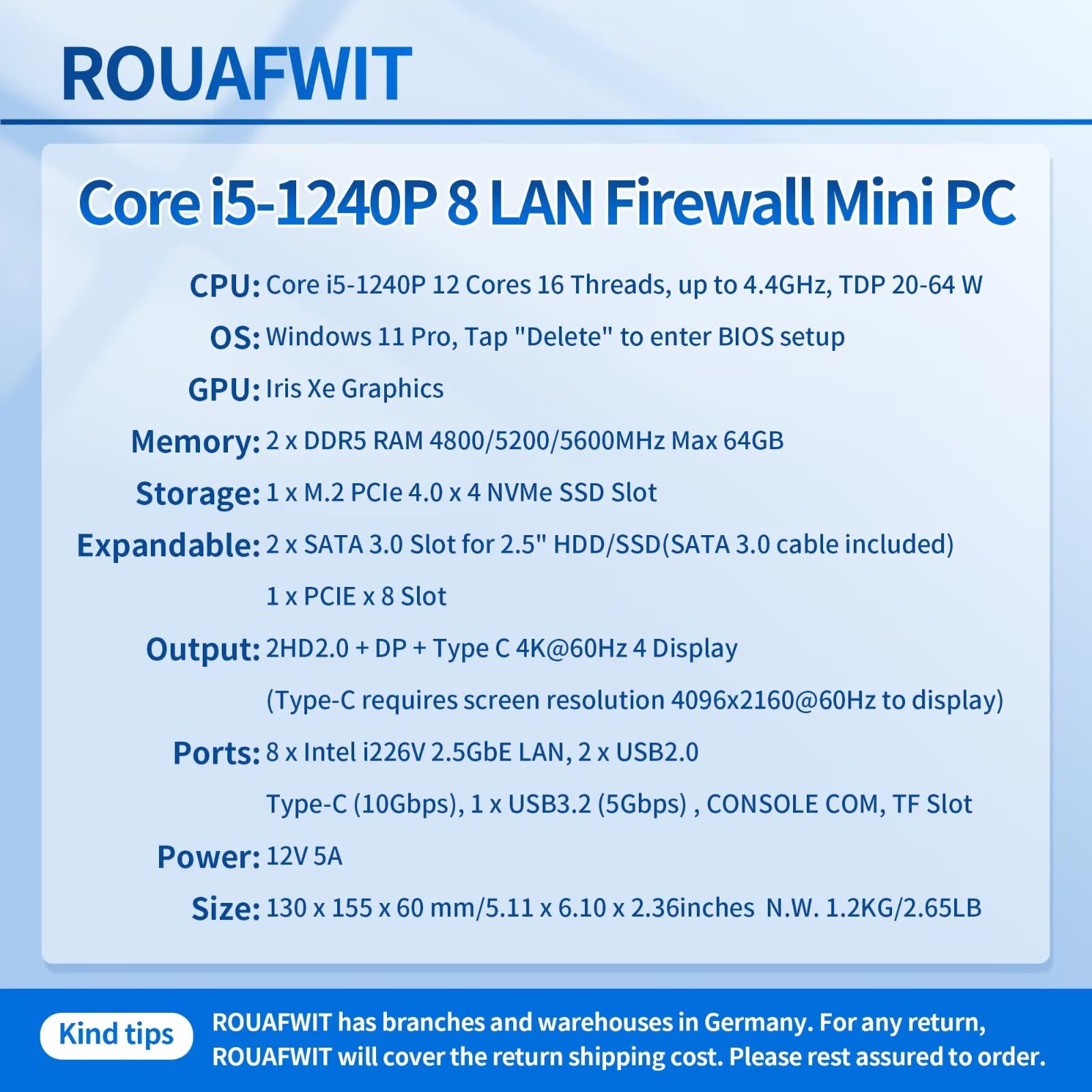 Micro Firewall Mini PC i5 1240P, DDR5 16GB RAM 256GB SSD Router Appliance Computer, 8 x 2.5Gbe i226-V LAN, Console COM, Type-C, TF