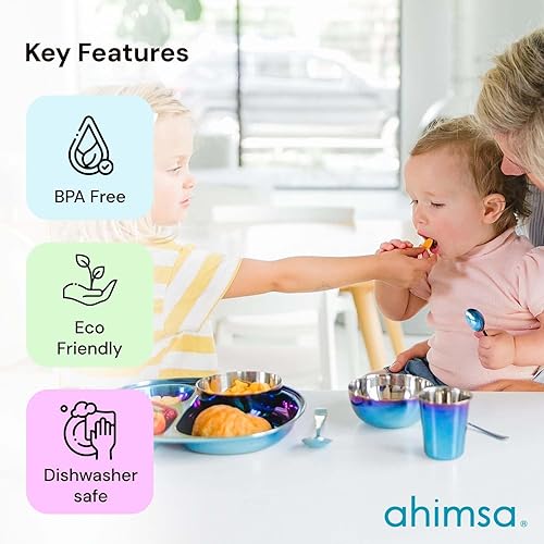 Miniatura 5 de Ahimsa Juego de vajilla de acero inoxidable  Juego de 9 piezas para cenar y desarrollar  Juego de vajilla para niños pequeños diseñado por pediatras