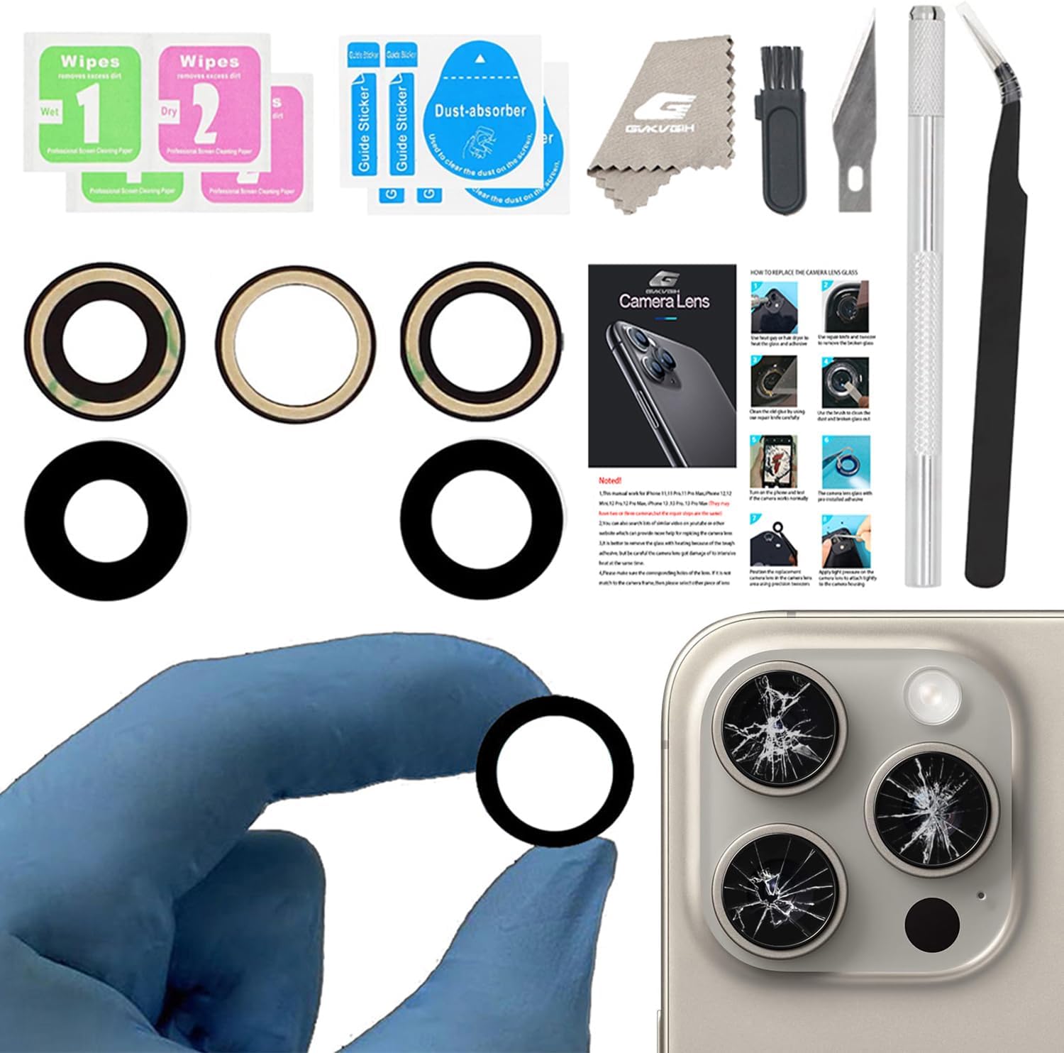 Rear Camera Lens Covers Replacement for iPhone 15 Pro & 15Pro Max, Back Camera Len Glass Replacement with Double-Sided Adhesive & Repair Tool Kit (15pro/15 pro max)