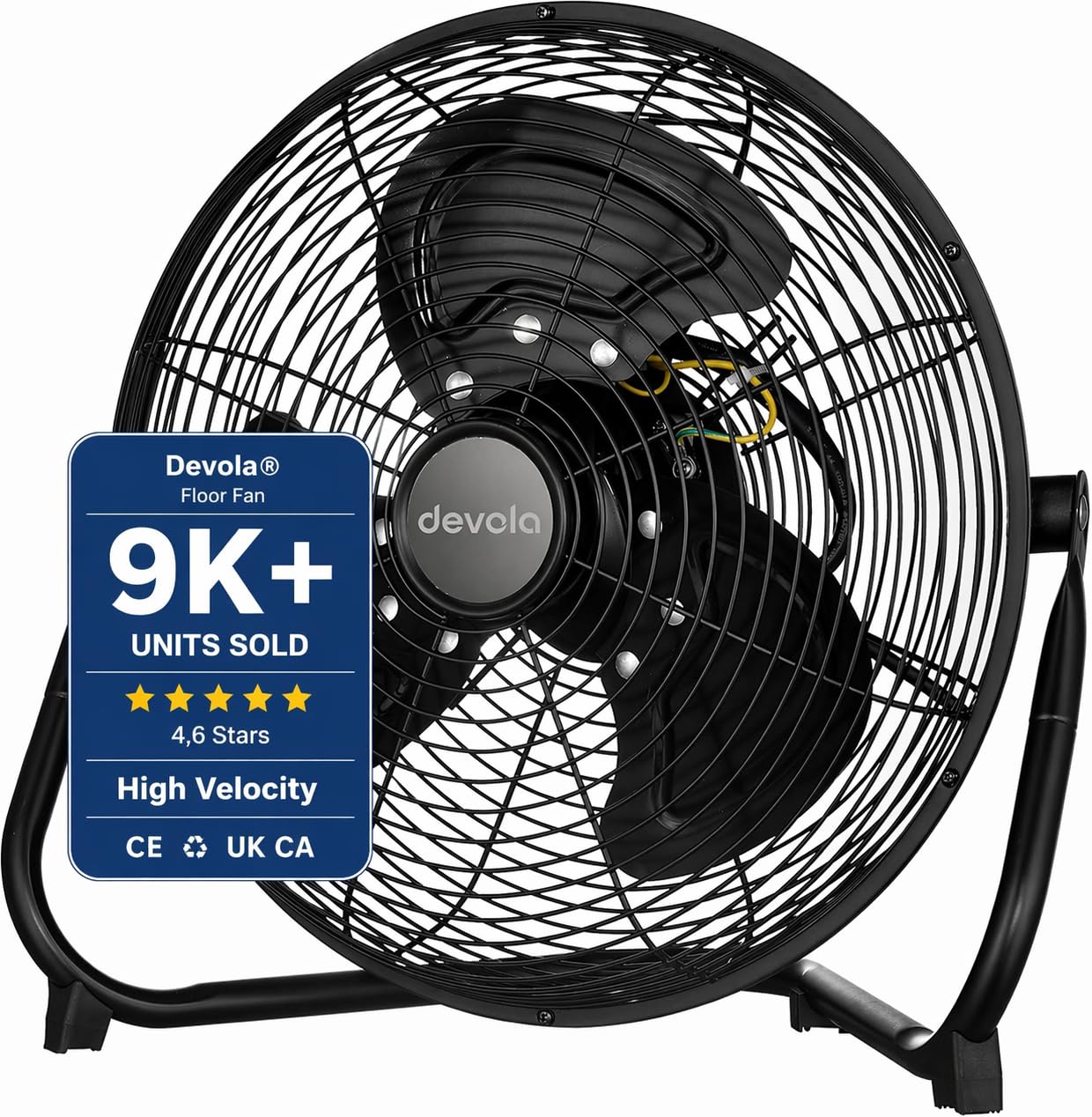 Devola High Velocity Floor Fan 16 Inch, Portable Powerful Industrial Fan for Home, Gym, Office & Warehouse, High Powered Cooling, 3 Speeds, Adjustable Head, Cord Storage Bracket, Black, DV16FFB