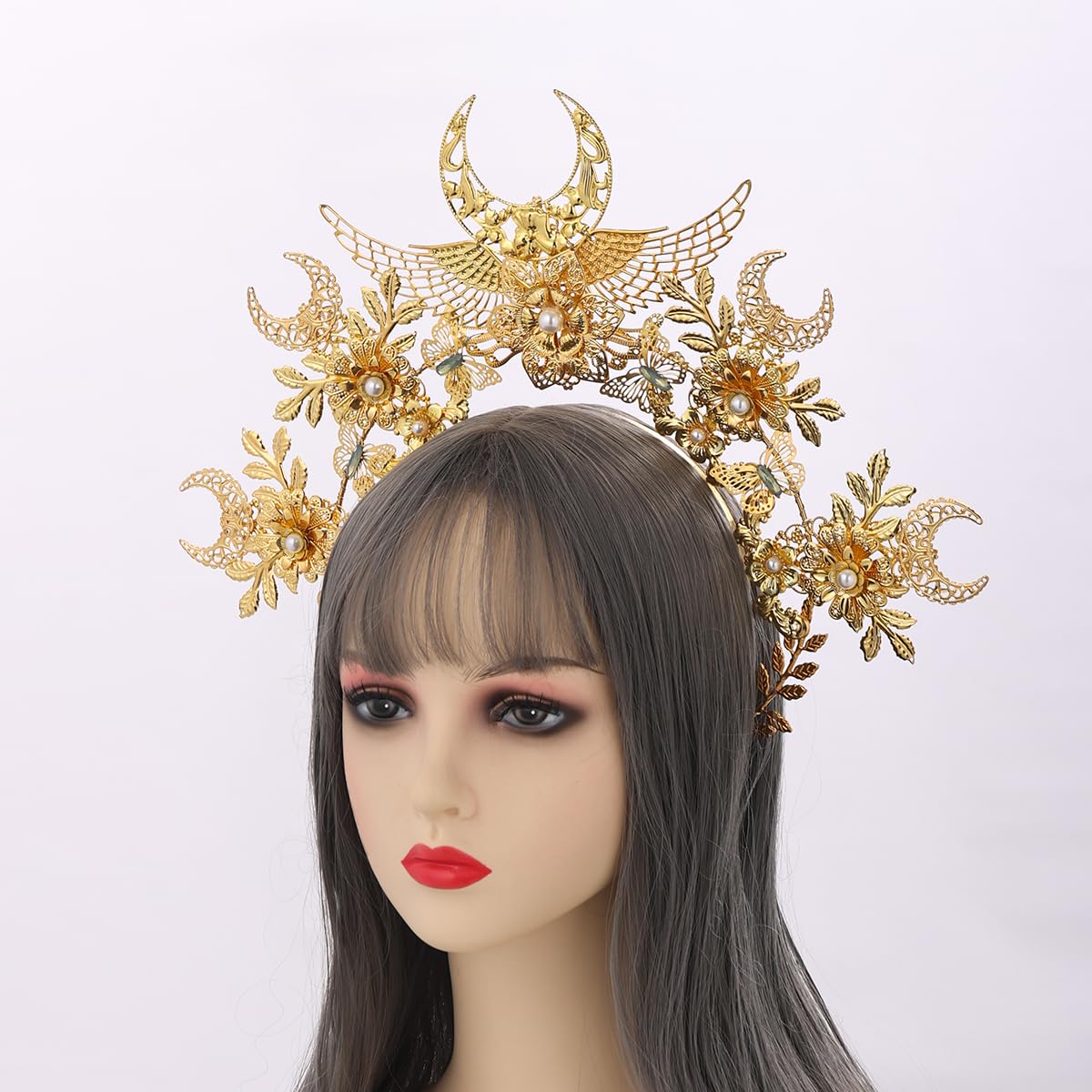 COSDREAMER Virgin halo headpiece crown Silver pearl Women's Masquerade Crown Sunburst Halo Crown Headband Women's Headband Party Costume Accessories (Glod) - Image 2