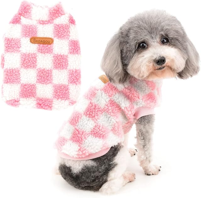 Zunea Fuzzy Dog Jumper for Small Dogs Warm Fleece Winter Jacket Coat Plaid Puppy Clothes Fluffy Pullover Sweater Coat Soft Pet Apparel for Dogs Girl Boy Chihuahua Yorkie Cat Pink S