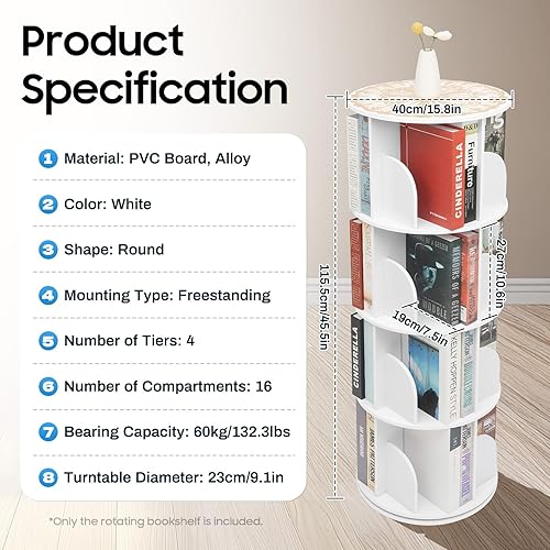 Miniatura 5 de Estantería giratoria de 4 niveles, estantería giratoria de 360 exhibiciones, organizador de libros apilable, estantería redonda giratoria, estante