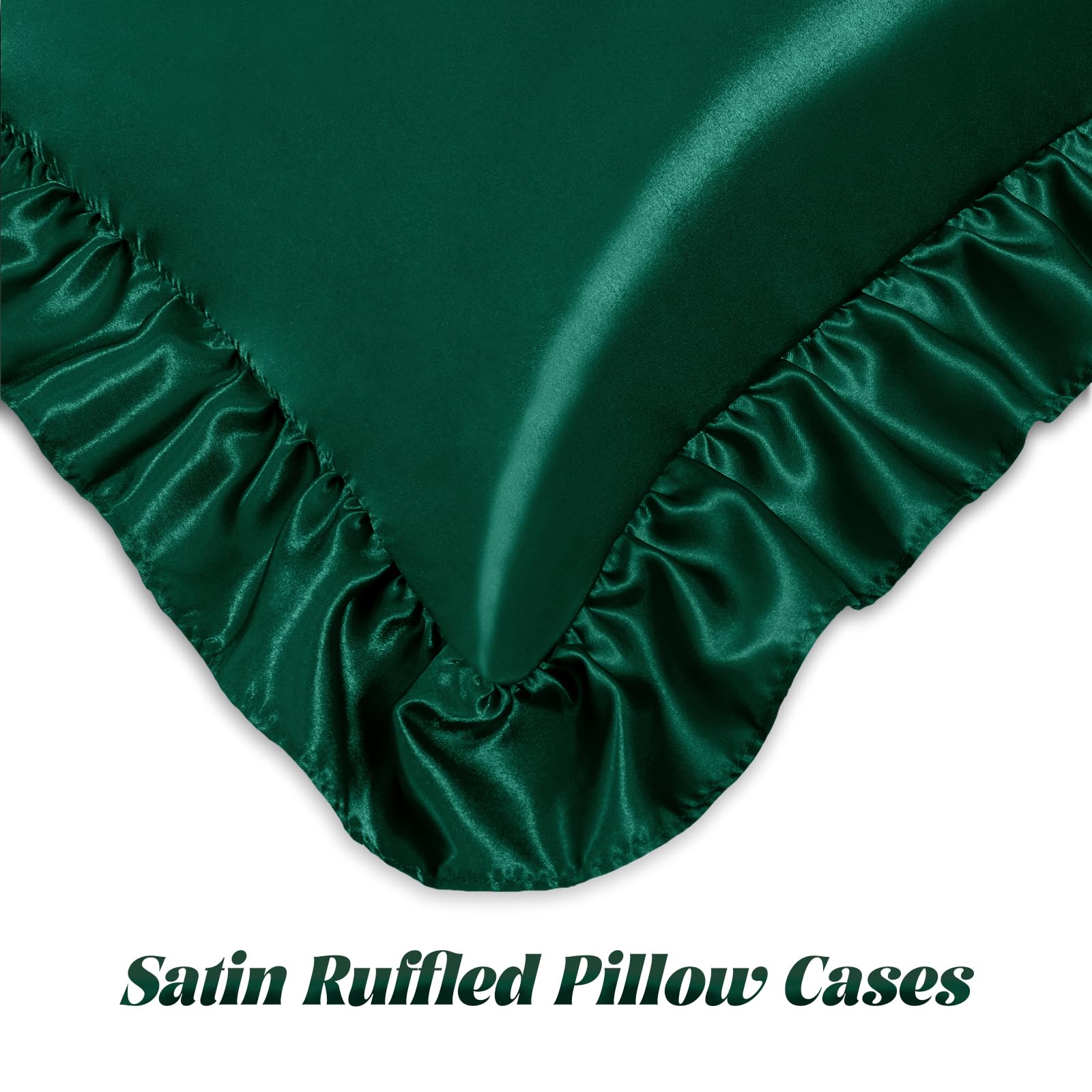 Homiest Juego de sábanas de satén con volantes, tamaño King, 6 piezas, color verde oscuro, con sábana bajera de 15 pulgadas de profundidad, 1 sábana encimera, 2 fundas de almohada con volantes y 2