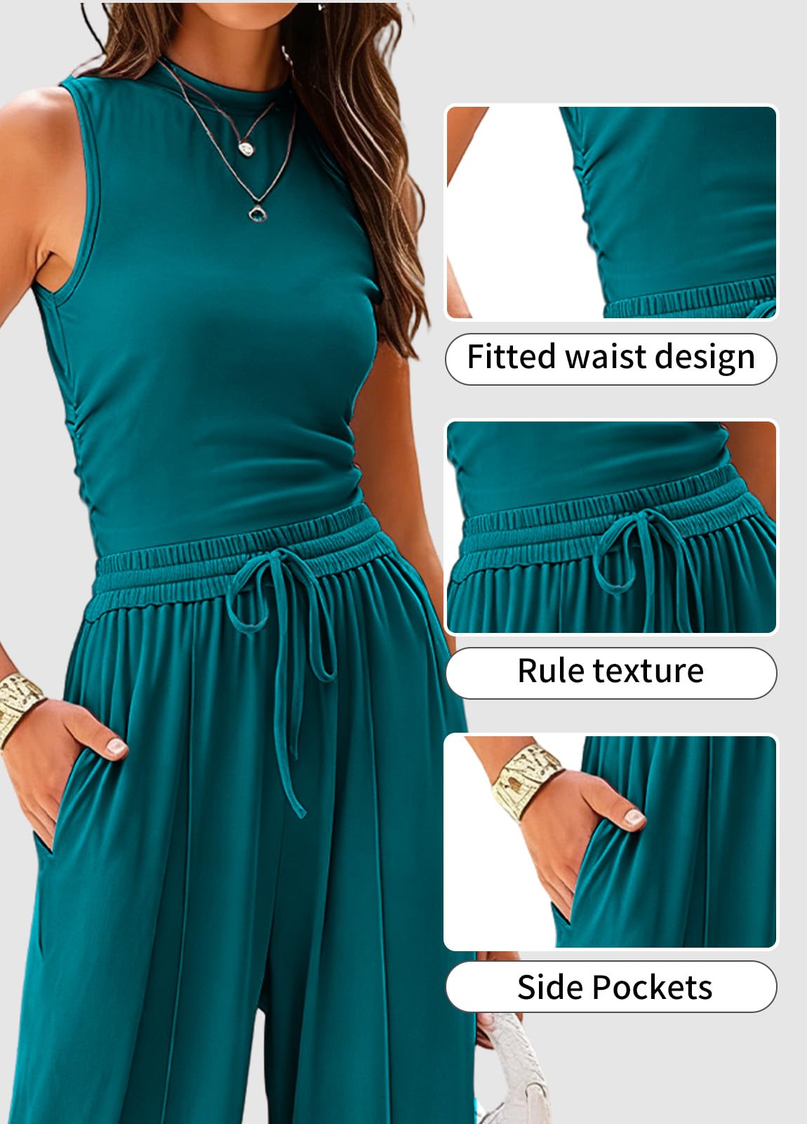 Rayson Ensemble Femme Ete 2 Pièces Décontracté Top Débardeur Sans Manches et Pantalon Large à Taille Haute Poches Ensemble Cordon De Serrage Élégance