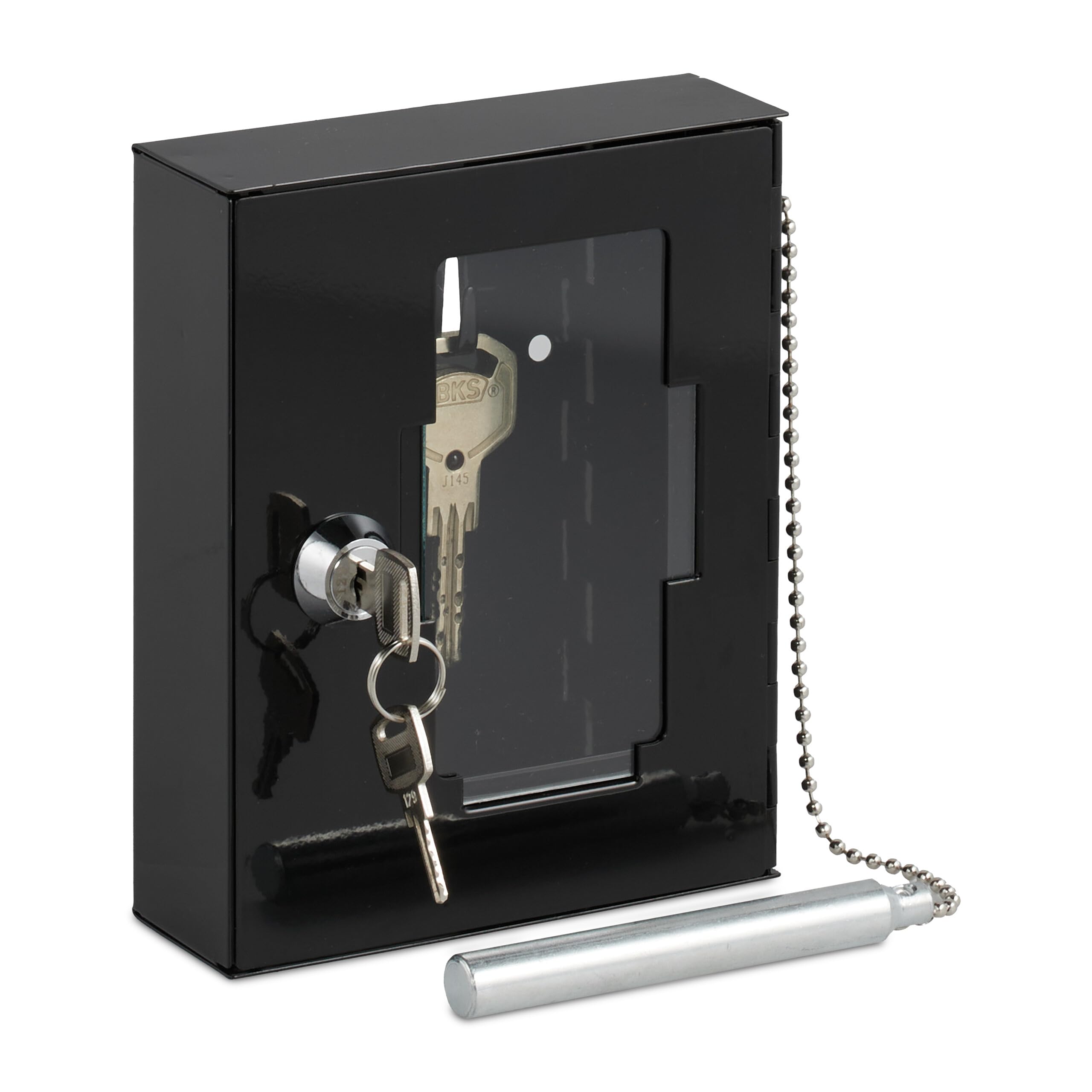Relaxdays Caja para Llave de Emergencia, Cajetín con Ventana de Cristal y Martillo, Cerradura, Portallave Metal, Negro, 15 x 12 x 5 cm