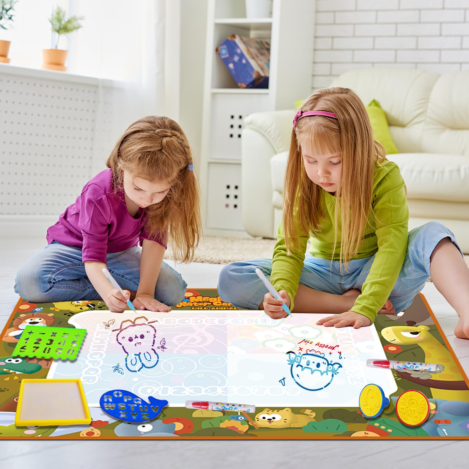 Agua Dibujo Pintura,150 X 100 cm Alfombra Pintar Agua Niños,Doodle Esteras Mágicas,Alfombra con Juego de Herramientas de Pintura,Juguete Educativo Regalo para Crear y Divertirse Sin Manchas