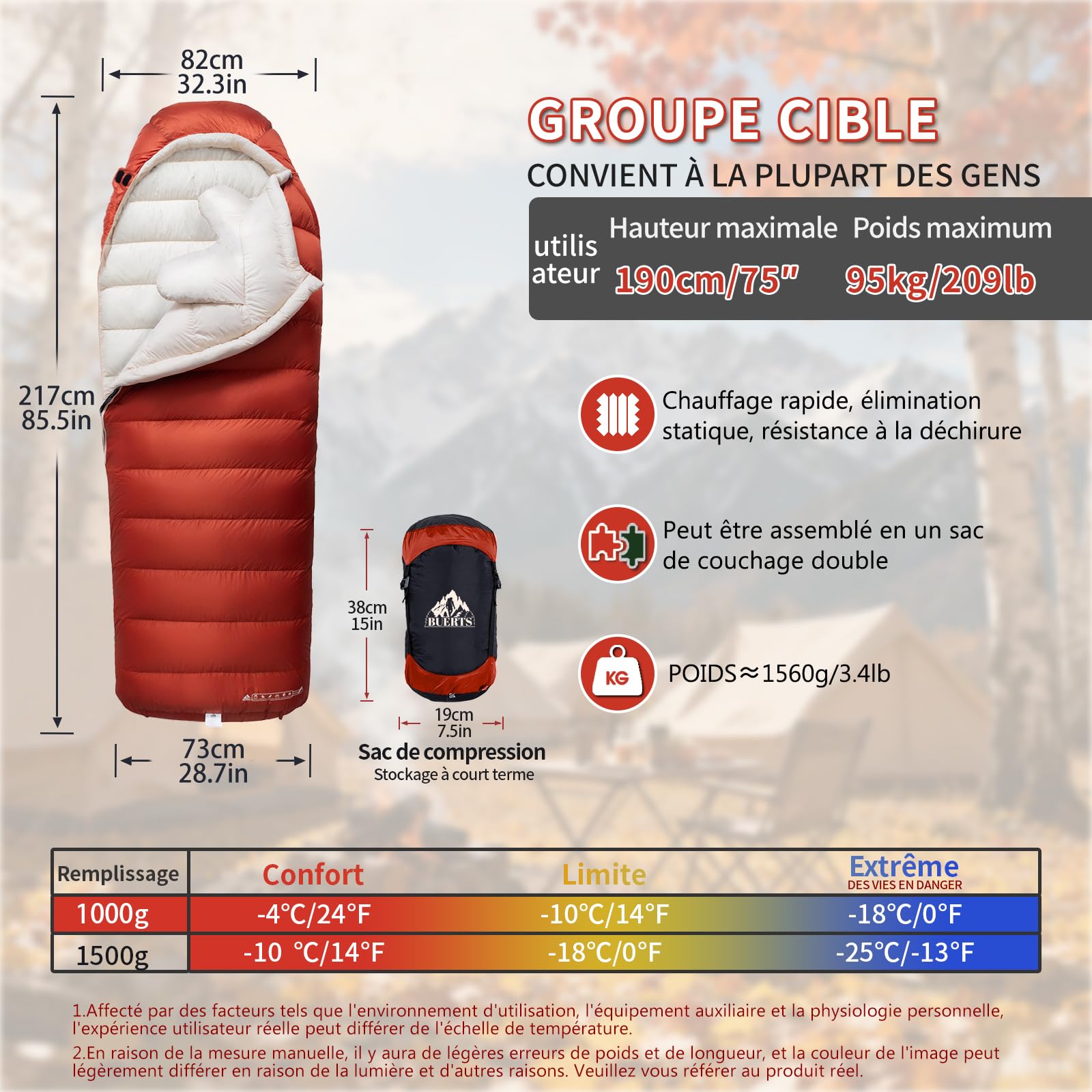Sac de Couchage en Duvet pour Adulte, 680 FP, Sac de Couchage d'extérieur pour l'extérieur, Convient pour Le Camping, la randonnée et Les Voyages, Sac de Compression Inclus.