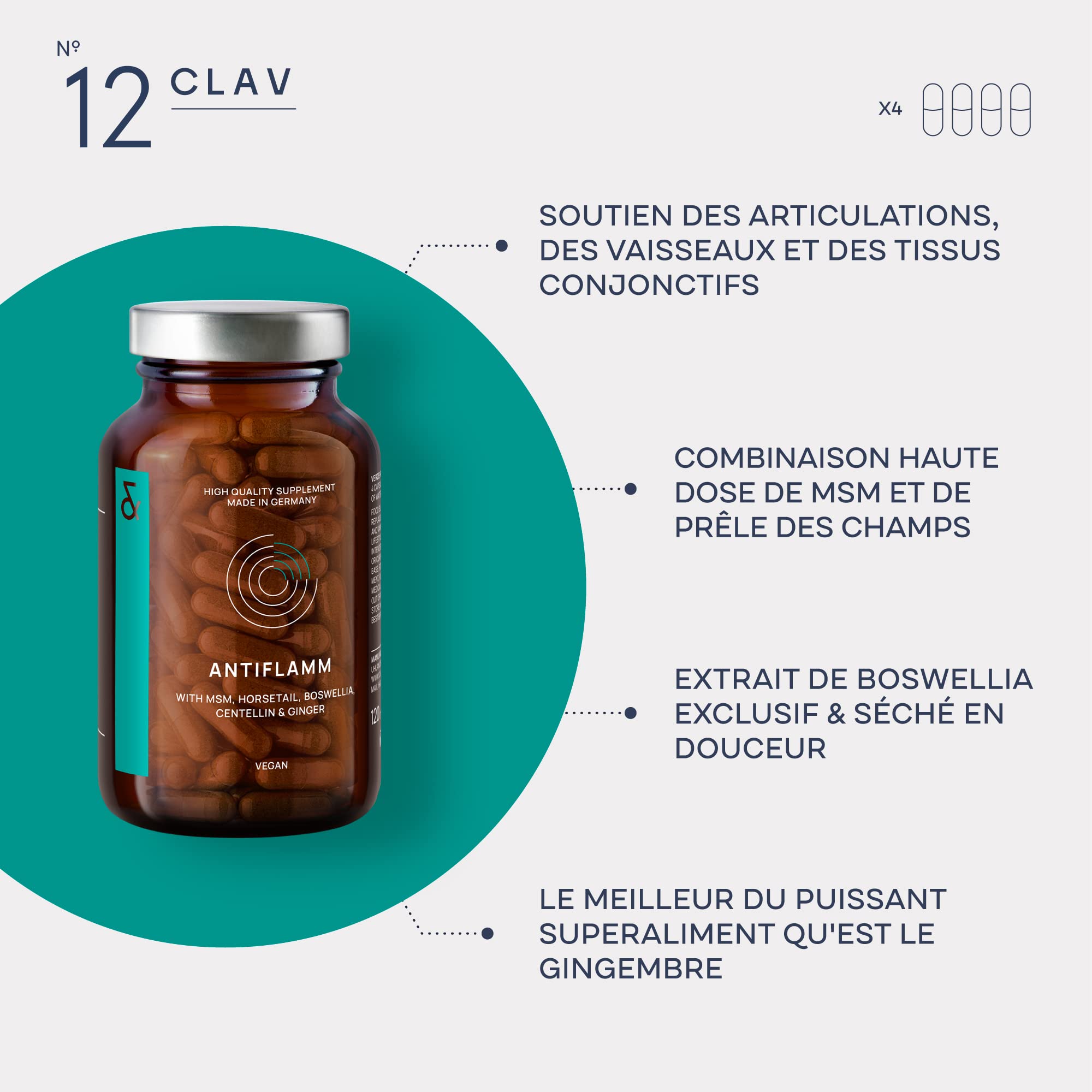 ANTIFLAMM - Naturel avec Boswellia Serrata MSM Gotu Kola Prêle des Champs & Gingembre - Articulations Douloureuses & Mobilité Articulaire - 120 Gélules - Complement Alimentaire