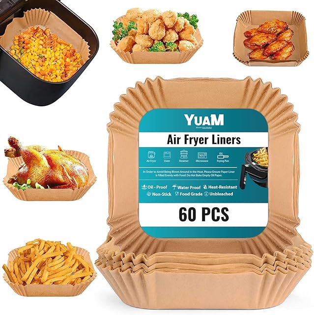Square Air Fryer Liners (60 pcs), Airfryer Disposable Paper Liners, Non-Stick Parchment Paper, Air Fryer Accessories, Oil Proof, Water Proof, Paper Liner for Microwave Oven Frying Pan