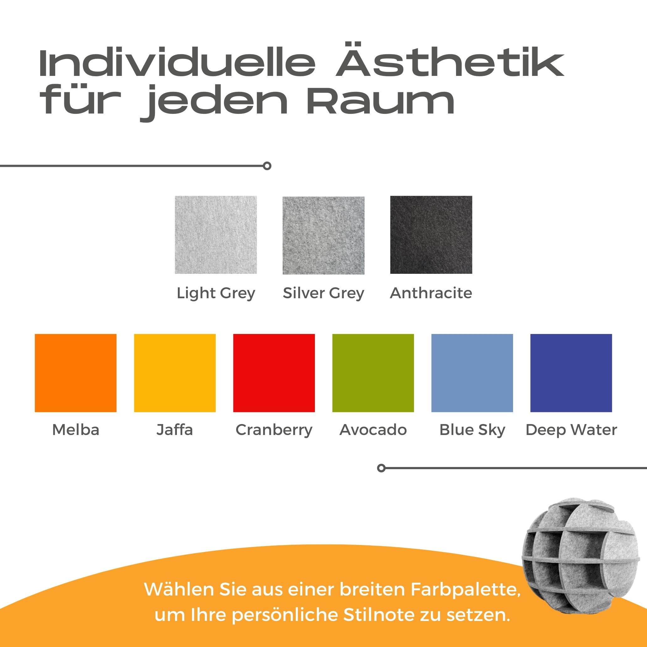 platino24 SATELLITE Akustikobjekt Kugel für die Decke – 40cm – Lichtgrau | Schalldämmung – Verbesserung der Raumakustik – 40cm Durchmesser – langlebig, extrem robust – 10-tlg. Steck-Set