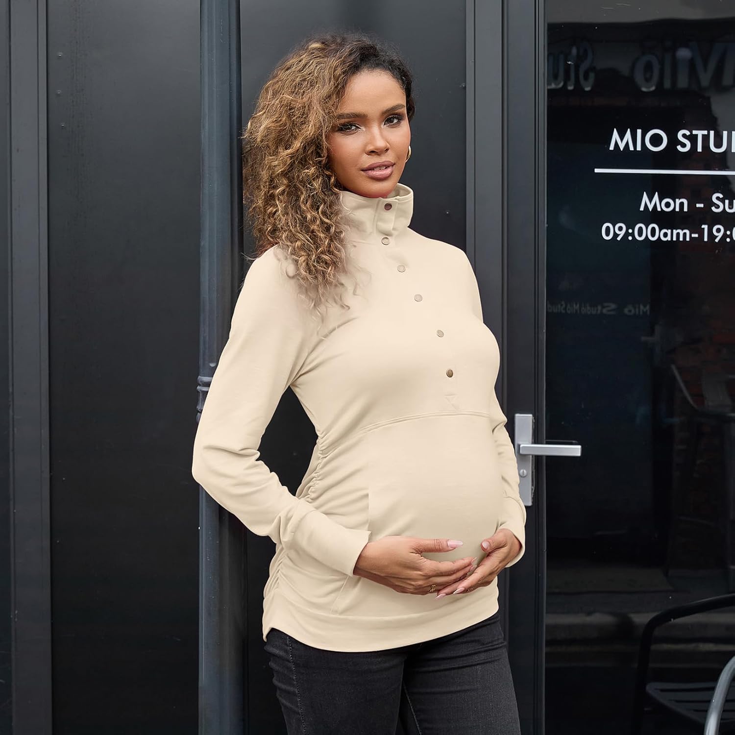 Bhome Maternity Shirt Casual Long Sleeve Half Button Front Lightweight Sweatshirts Slim Fit Pullover Tops with Pockets - Image 2