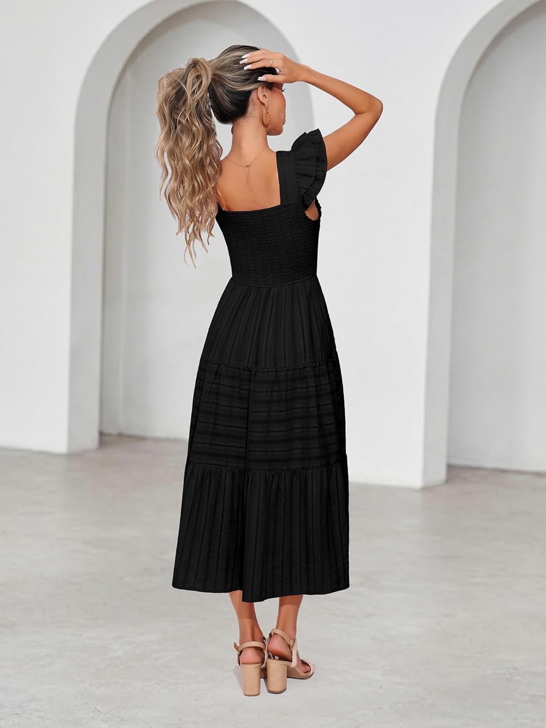 Womens Casual Summer Dresses 2026 Strap Sleeveless Square Neck Smocked High Waist Ruffle Flowy A Line Maxi Sundress - Image 3