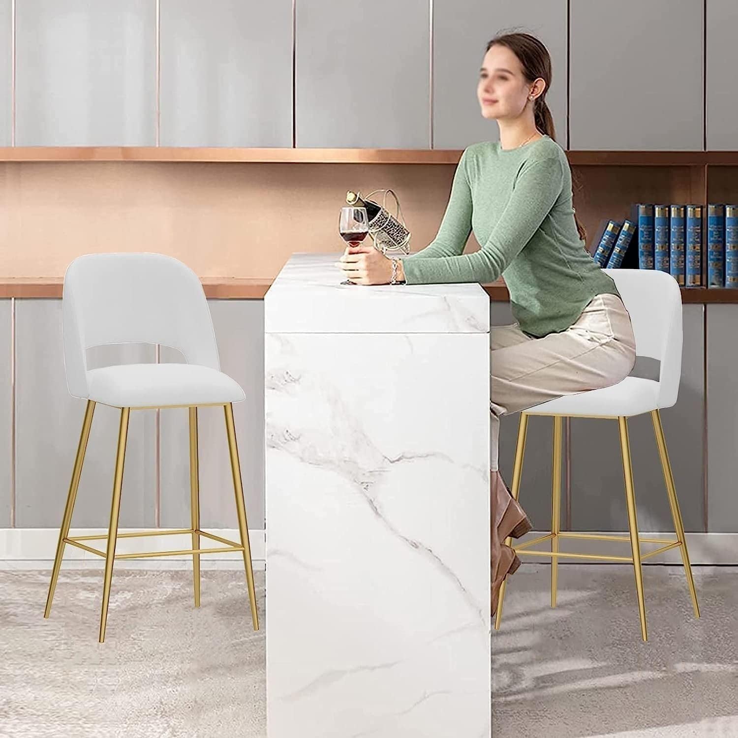 Taburete de Bar de Altura de mostrador, 1 Unidad, Moderno, de Terciopelo con Respaldo y Patas de Metal Dorado, para Cocina y Desayuno.